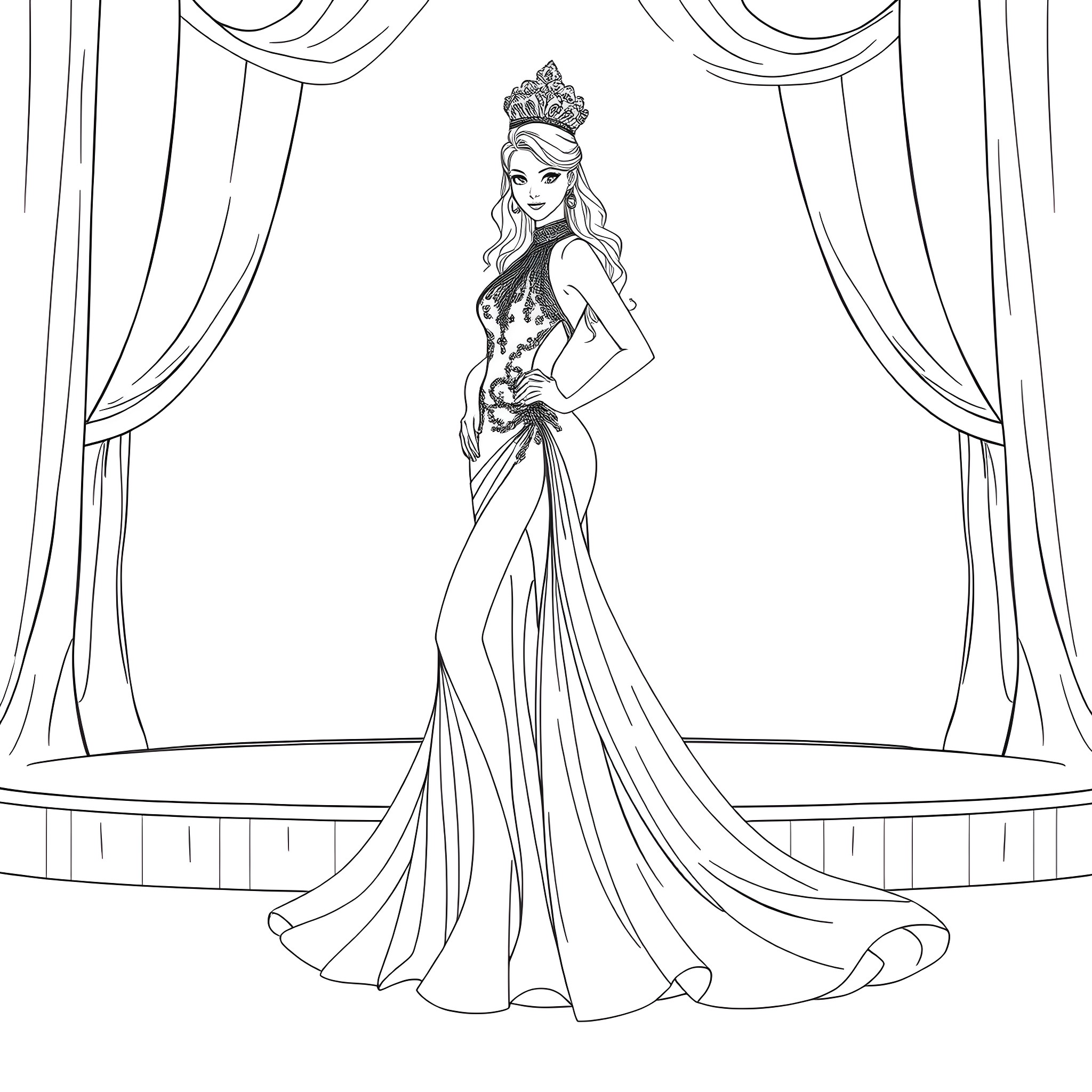 Gown of Elegance: A Royal Maiden in Graceful Pose Coloring Page (free black-and-white line drawing printable PDF for all, from beginners to advanced learners, including children, teens, adults, and seniors)
