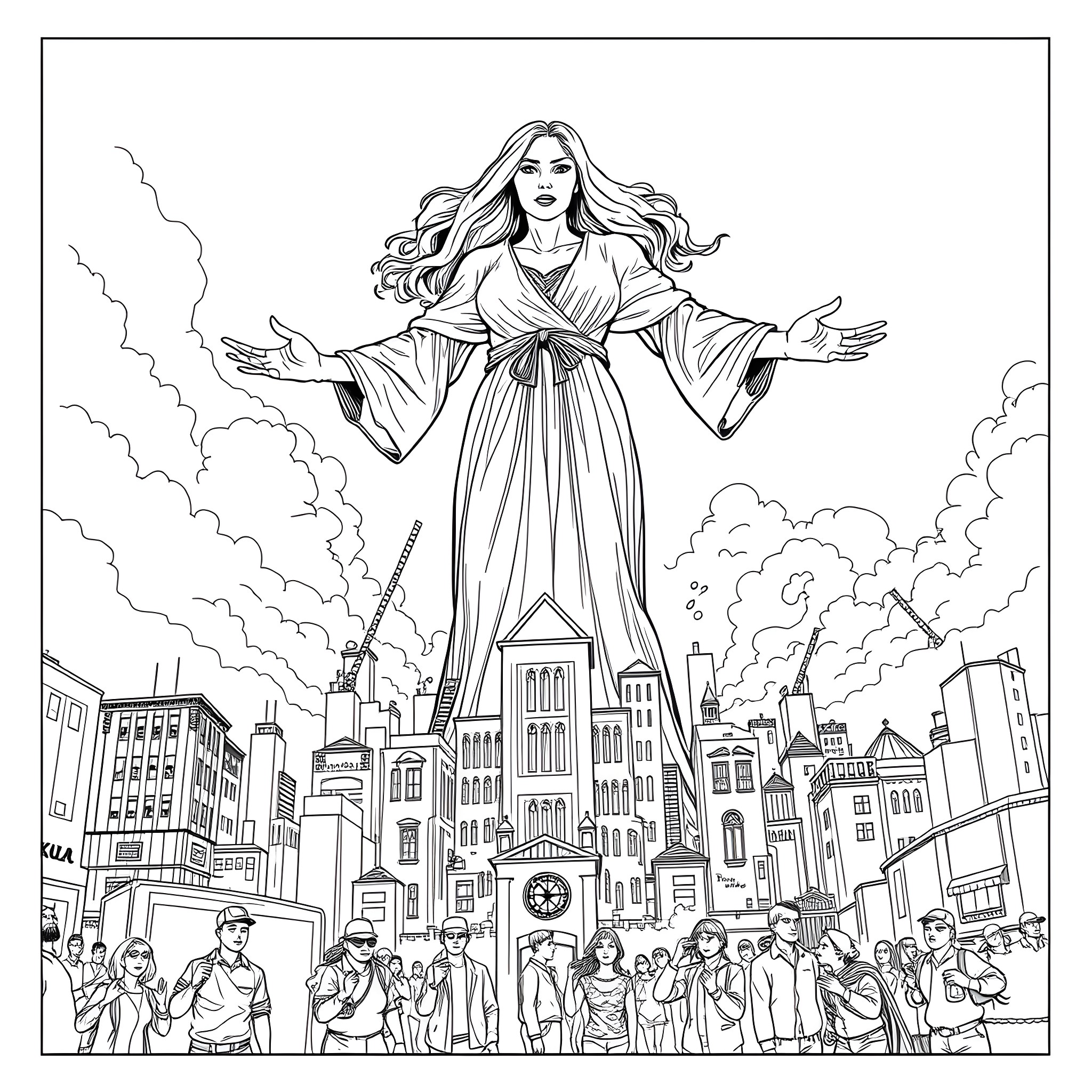 Lady wielding mystical powers over the city Coloring Page (free black-and-white line drawing printable PDF for all, from beginners to advanced learners, including children, teens, adults, and seniors)