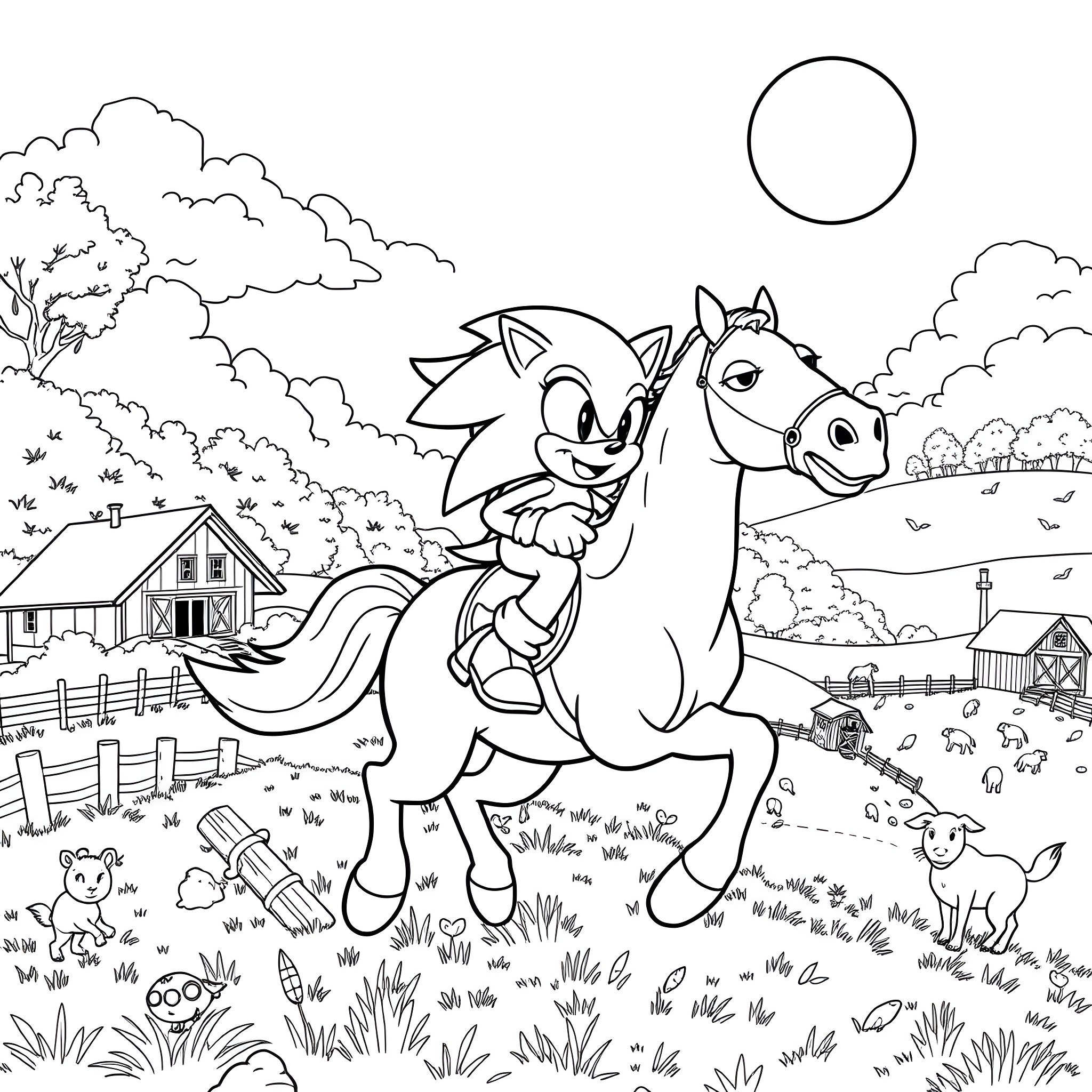 Sonic Riding a Horse Through a Peaceful Country Scene Coloring Page (free black-and-white line drawing printable PDF for all, from beginners to advanced learners, including children, teens, adults, and seniors)