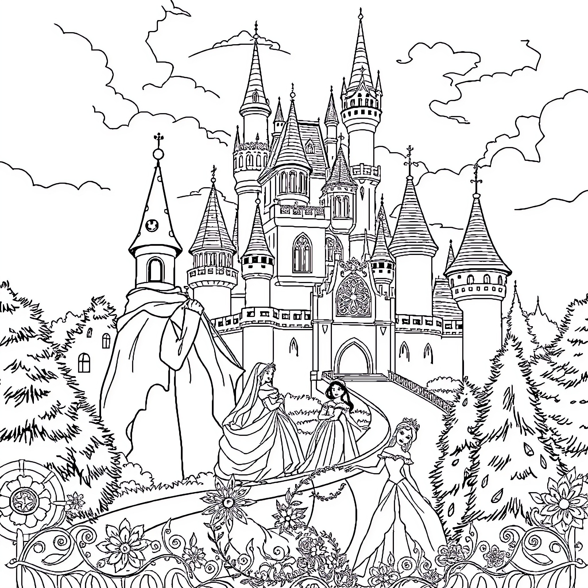 Disney Princess Fairy Tale Castle Scene Coloring Page (free black-and-white line drawing printable PDF for all, from beginners to advanced learners, including children, teens, adults, and seniors)