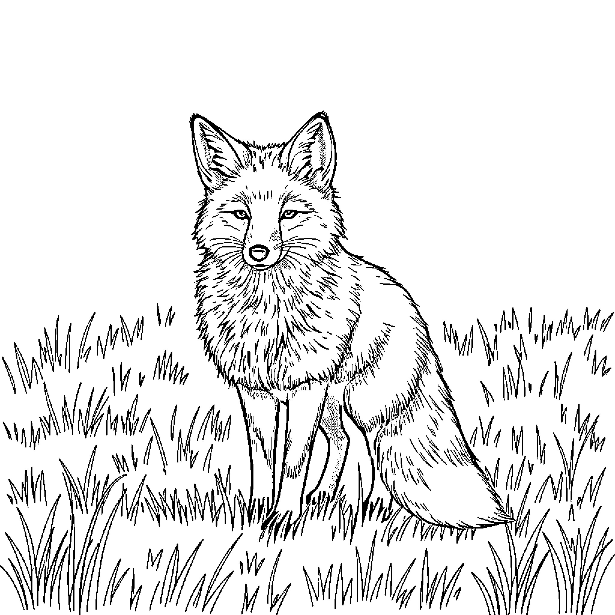 Fox sitting calmly in grassy field Coloring Page (free black-and-white line drawing printable PDF for all, from beginners to advanced learners, including children, teens, adults, and seniors)
