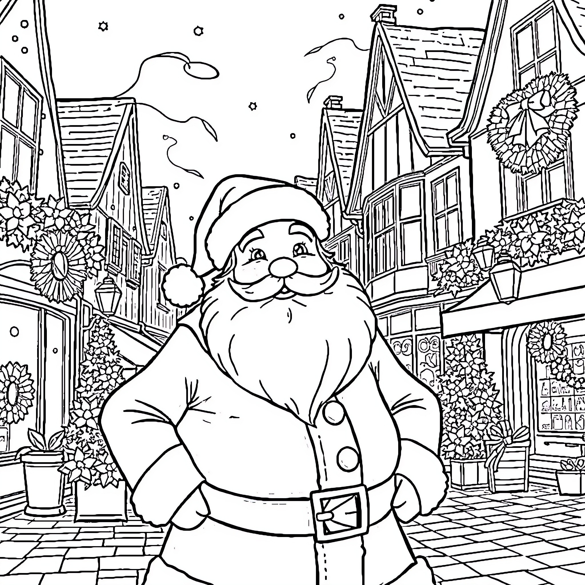 Santa Strolling Through a Festive Town Coloring Page (free black-and-white line drawing printable PDF for all, from beginners to advanced learners, including children, teens, adults, and seniors)
