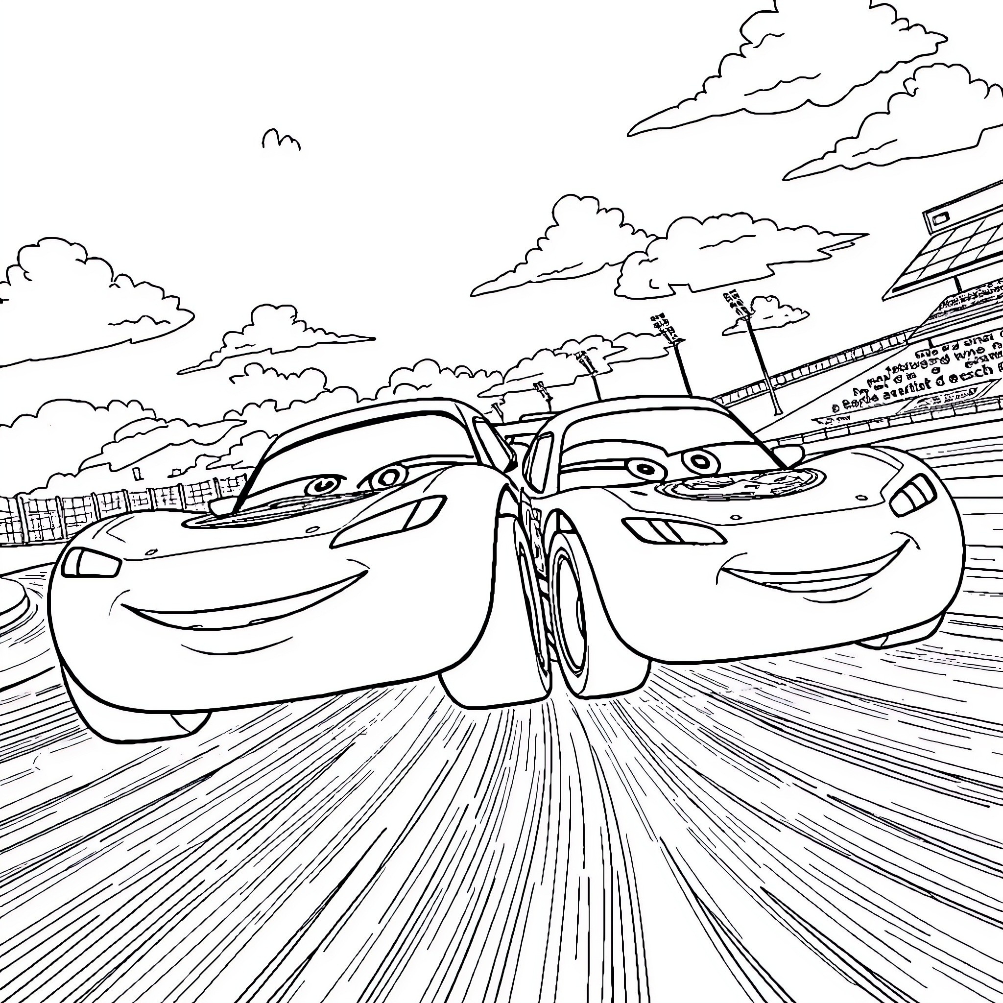 Lightning McQueen racing with friends on the road Coloring Page (free black-and-white line drawing printable PDF for all, from beginners to advanced learners, including children, teens, adults, and seniors)