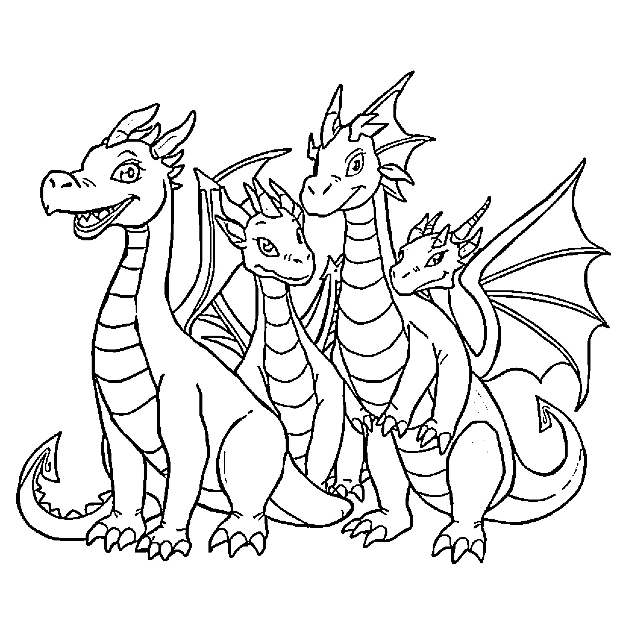 Dragon family gathering happily together Coloring Page (free black-and-white line drawing printable PDF for all, from beginners to advanced learners, including children, teens, adults, and seniors)