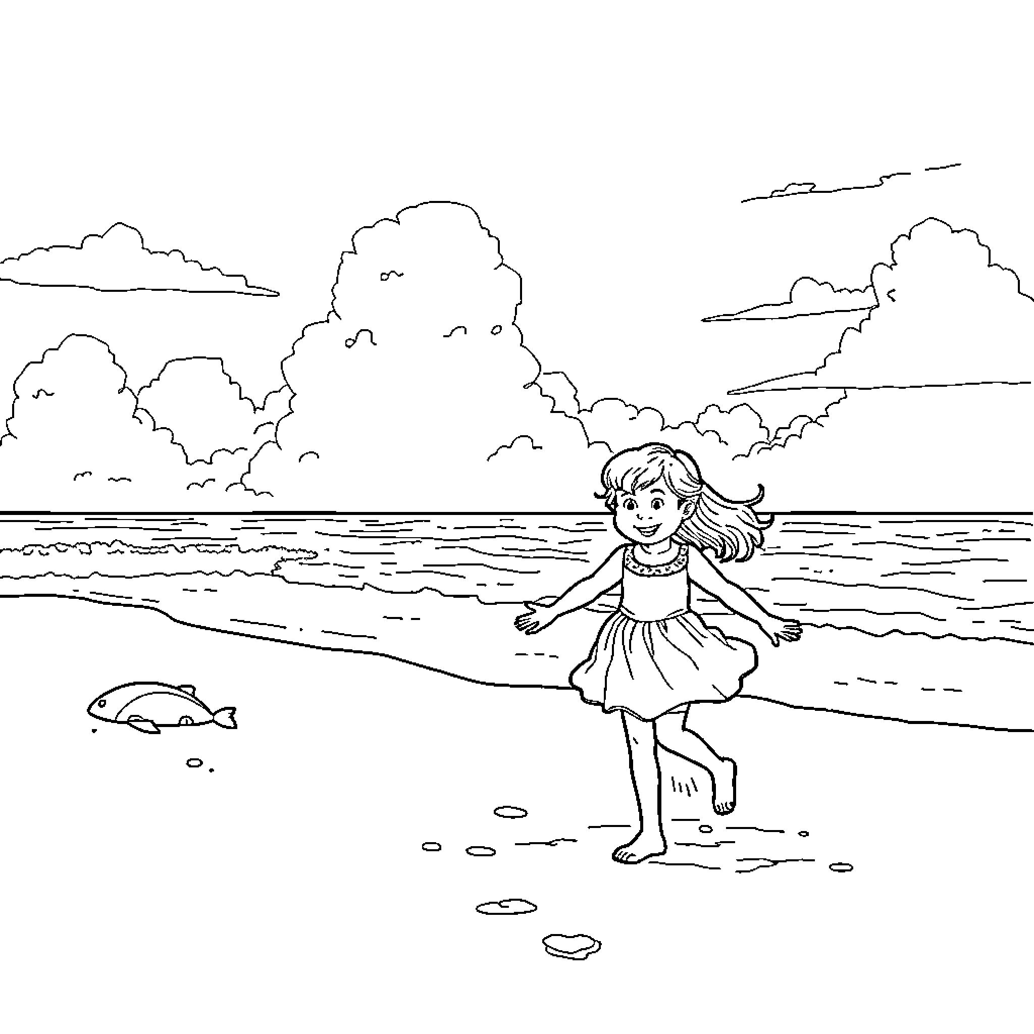 Child playing joyfully on the beach Coloring Page (free black-and-white line drawing printable PDF for all, from beginners to advanced learners, including children, teens, adults, and seniors)