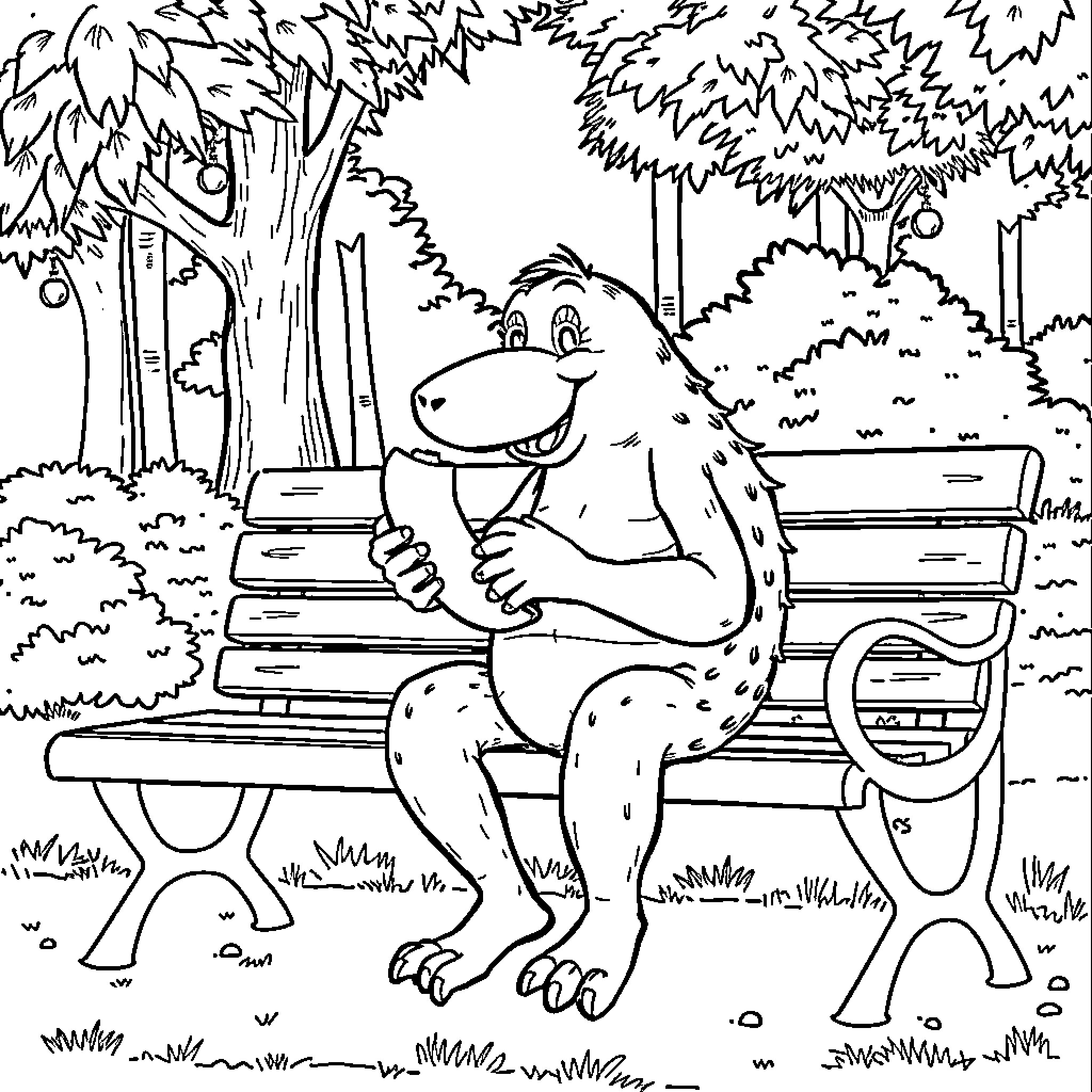 Albeado Dinosaur Relaxing on Bench in Forested Park Coloring Page (free black-and-white line drawing printable PDF for all, from beginners to advanced learners, including children, teens, adults, and seniors)