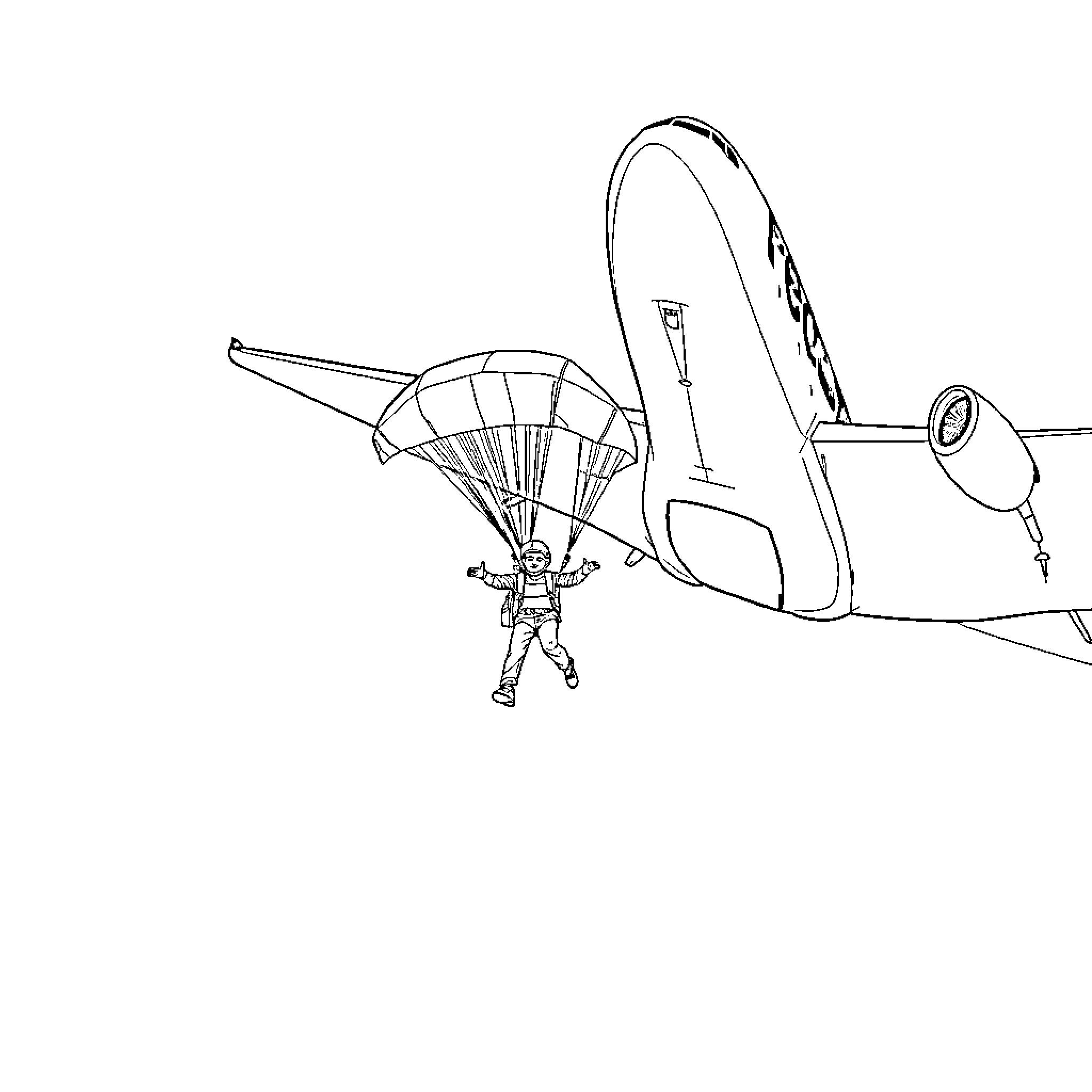 Person parachuting from vintage airplane Coloring Page (free black-and-white line drawing printable PDF for all, from beginners to advanced learners, including children, teens, adults, and seniors)