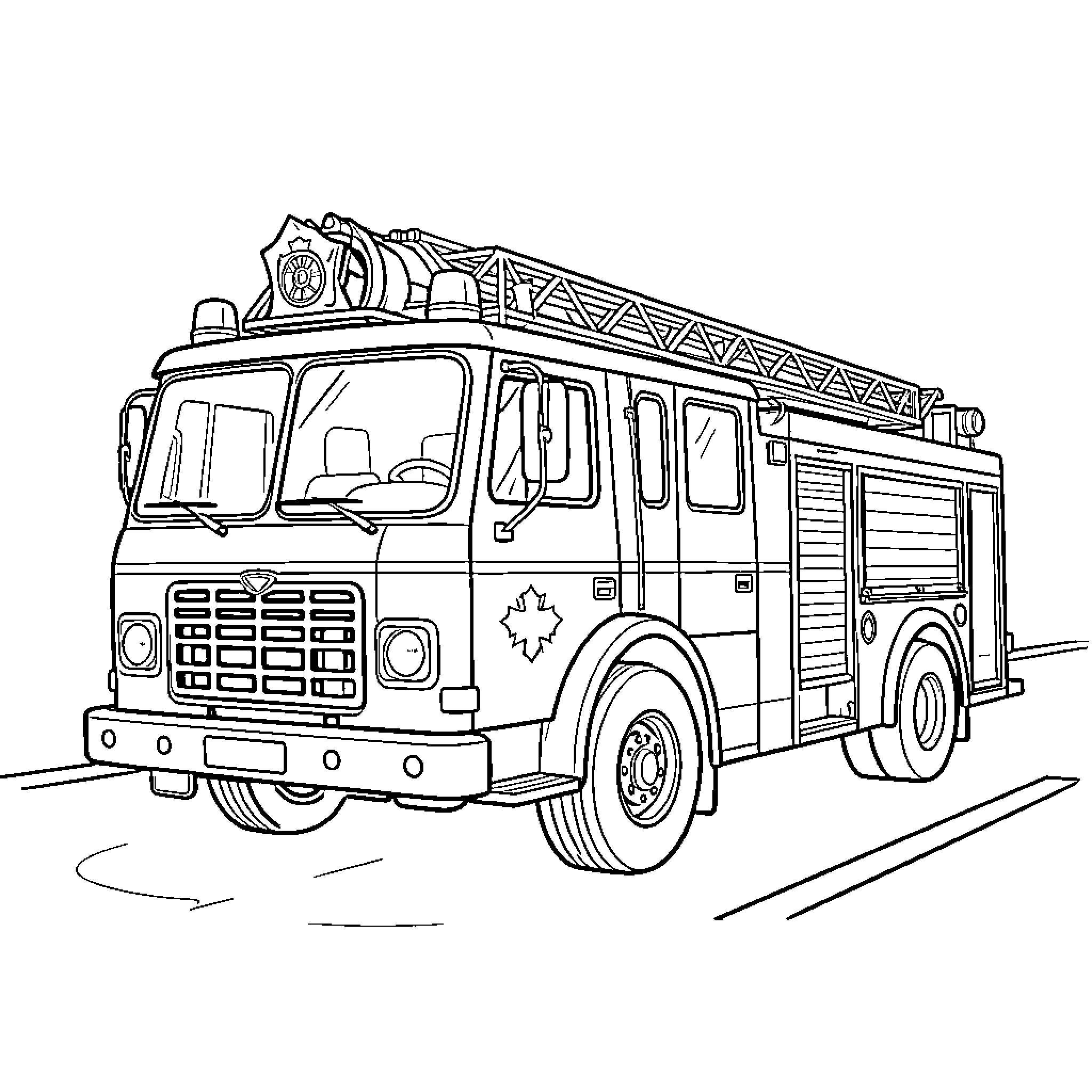 Fire Truck driving along a road with a ladder Coloring Page (free black-and-white line drawing printable PDF for all, from beginners to advanced learners, including children, teens, adults, and seniors)
