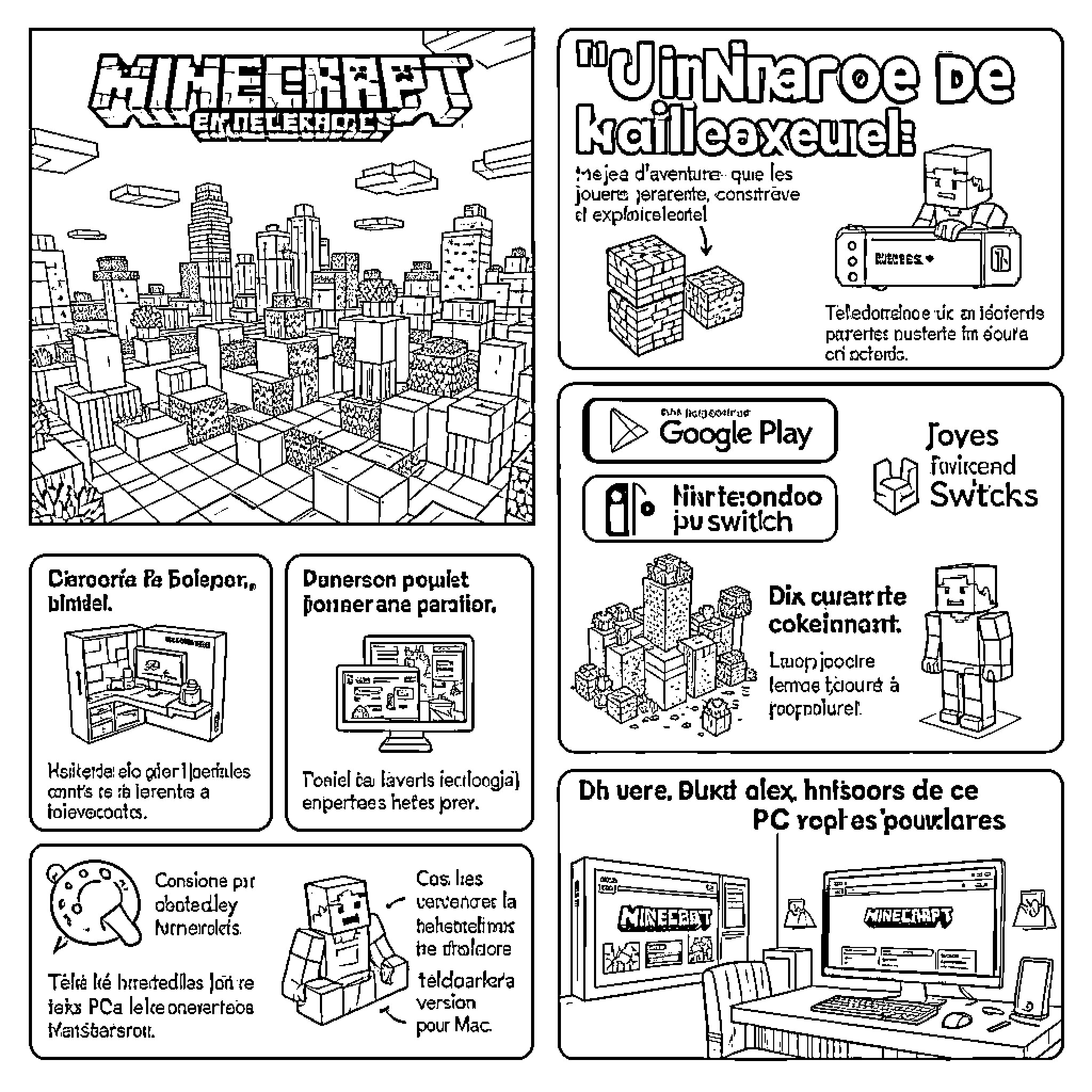 Minecraft characters exploring a blocky city landscape Coloring Page (free black-and-white line drawing printable PDF for all, from beginners to advanced learners, including children, teens, adults, and seniors)