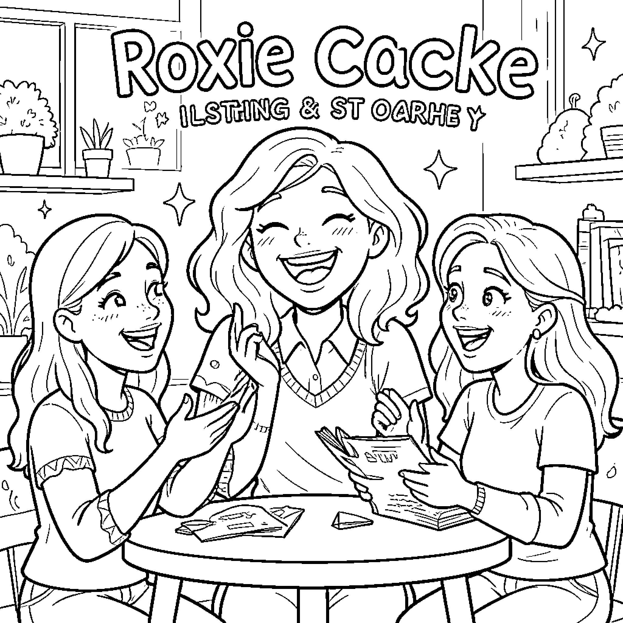 Roxie laughing joyfully with two friends at a table Coloring Page (free black-and-white line drawing printable PDF for all, from beginners to advanced learners, including children, teens, adults, and seniors)