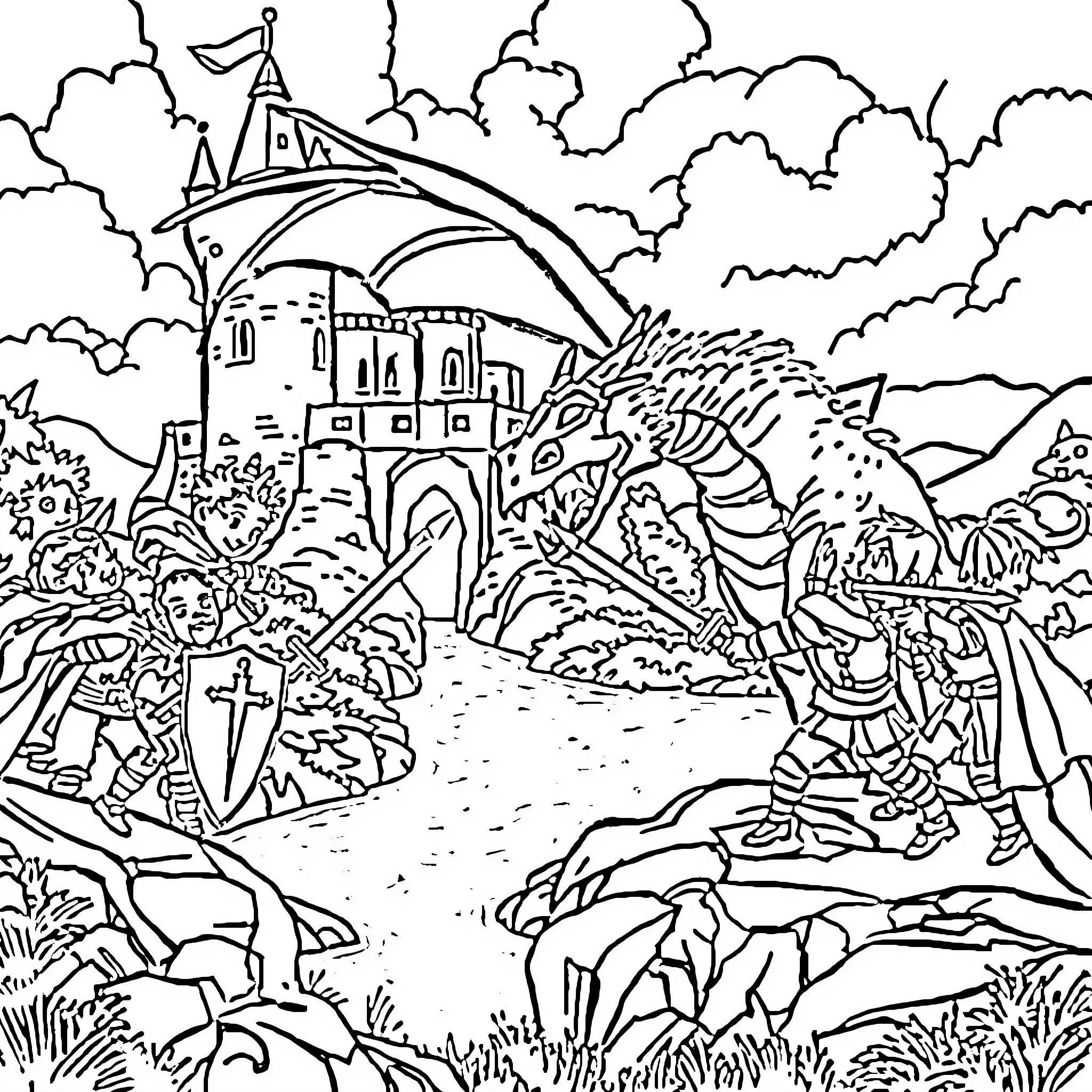 Knight battling a mythical beast near a medieval castle Coloring Page (free black-and-white line drawing printable PDF for all, from beginners to advanced learners, including children, teens, adults, and seniors)