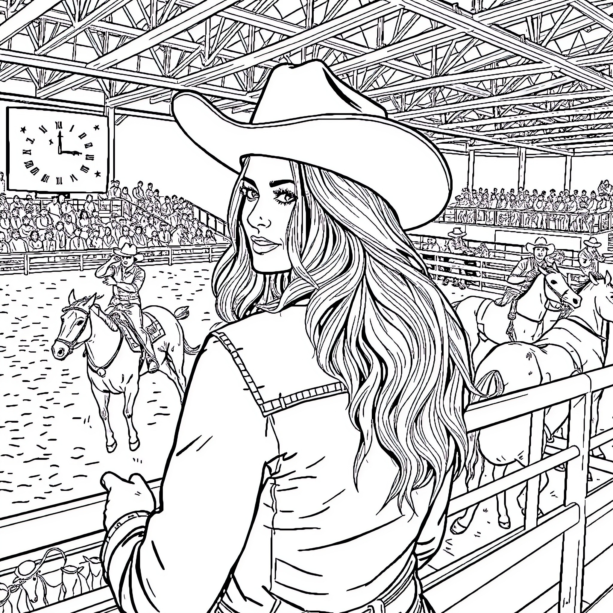 Margot Robbie in a cowboy hat at a rodeo event Coloring Page (free black-and-white line drawing printable PDF for all, from beginners to advanced learners, including children, teens, adults, and seniors)