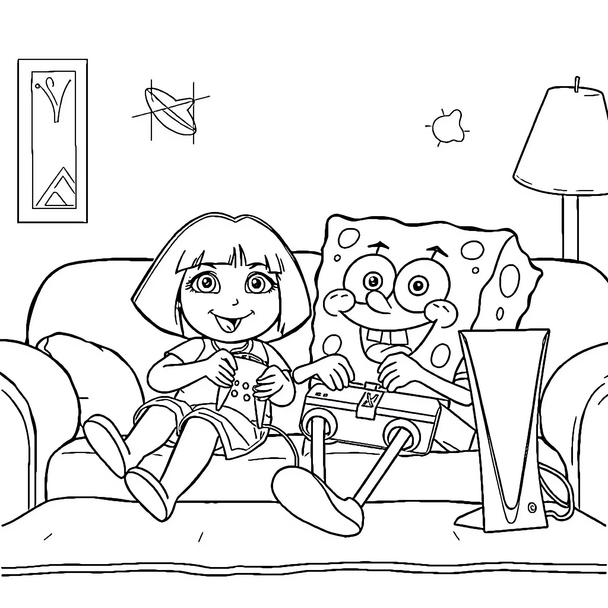 Dora and Spongebob's Playful Adventure Coloring Page (free black-and-white line drawing printable PDF for all, from beginners to advanced learners, including children, teens, adults, and seniors)