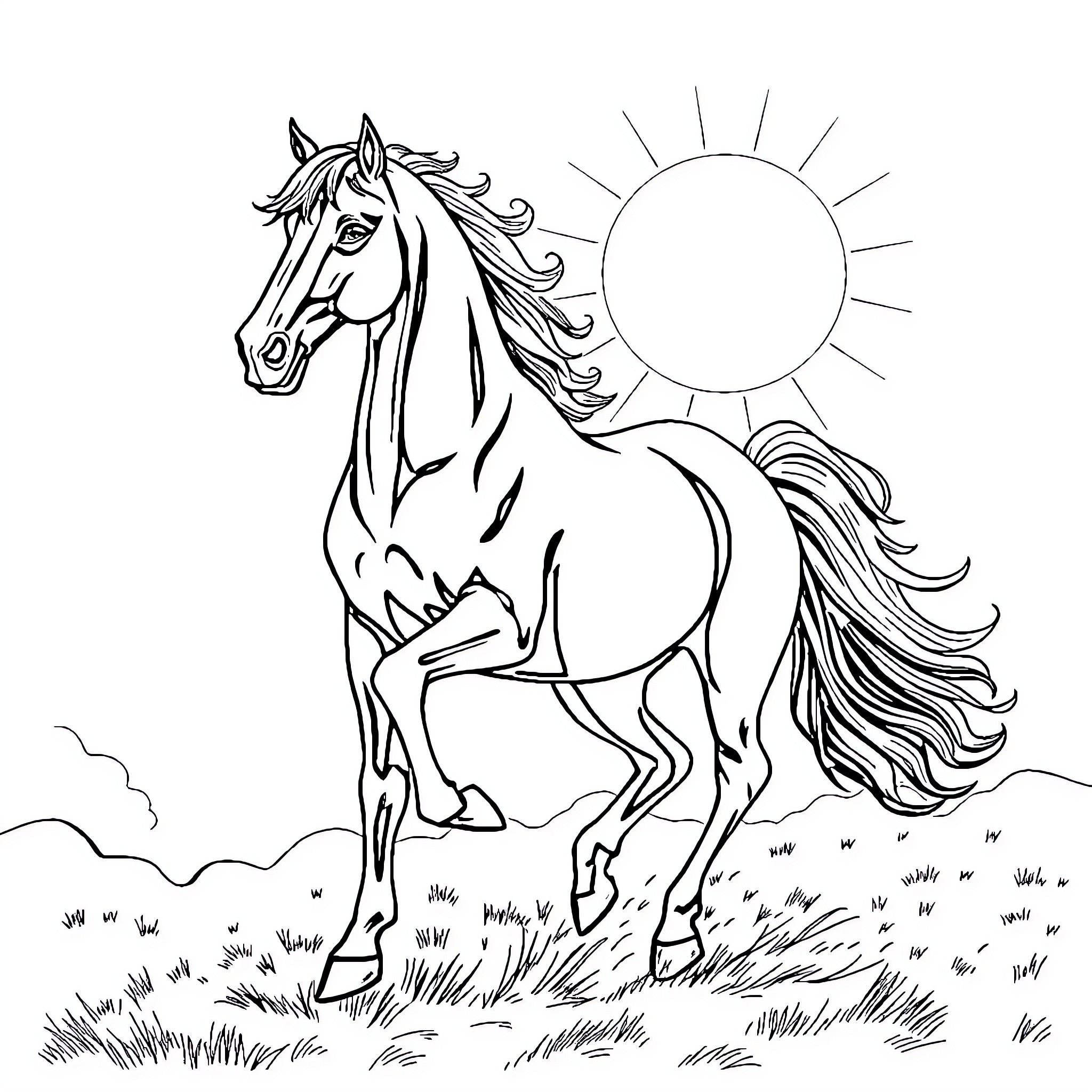 Horse galloping freely under the sun Coloring Page (free black-and-white line drawing printable PDF for all, from beginners to advanced learners, including children, teens, adults, and seniors)