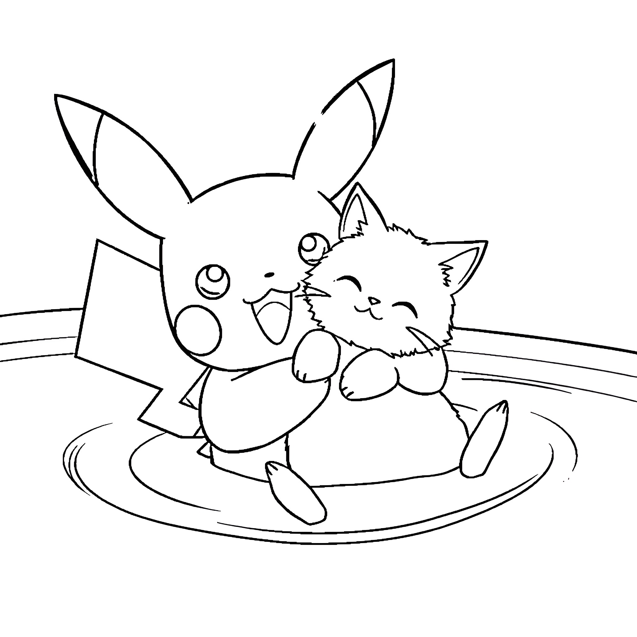 Pikachu and Kitten Playing Together Coloring Page (free black-and-white line drawing printable PDF for all, from beginners to advanced learners, including children, teens, adults, and seniors)