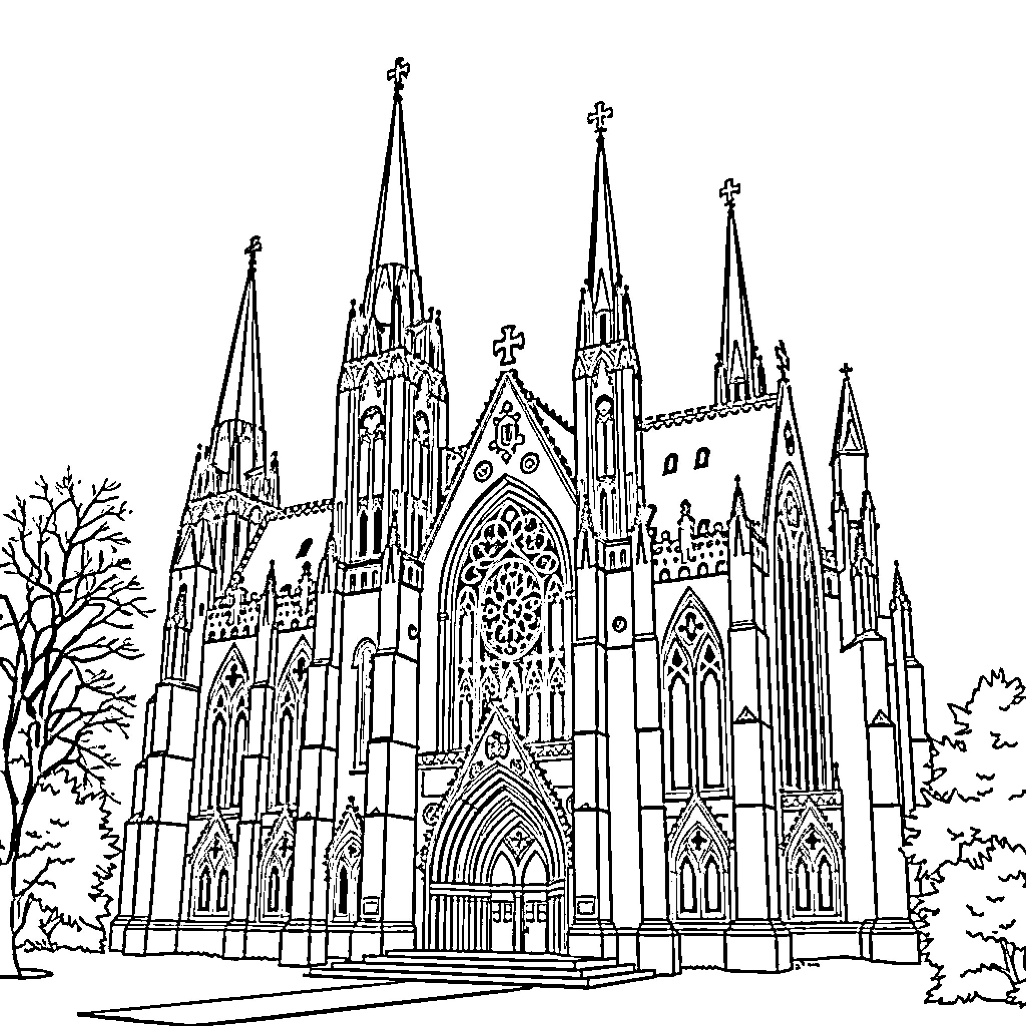 Church with Detailed Gothic Architecture Coloring Page (free black-and-white line drawing printable PDF for all, from beginners to advanced learners, including children, teens, adults, and seniors)
