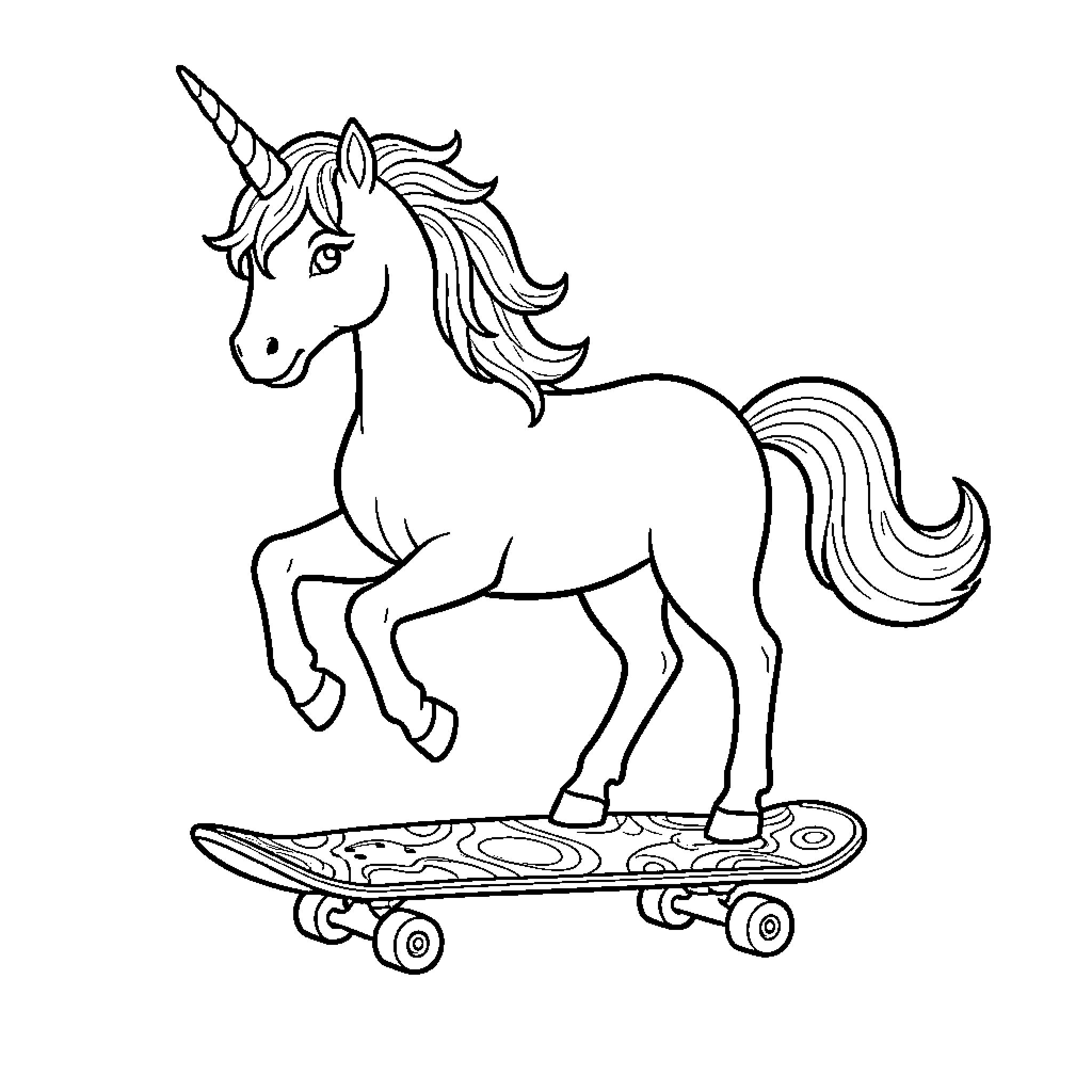 Unicorn riding a skateboard with passion Coloring Page (free black-and-white line drawing printable PDF for all, from beginners to advanced learners, including children, teens, adults, and seniors)