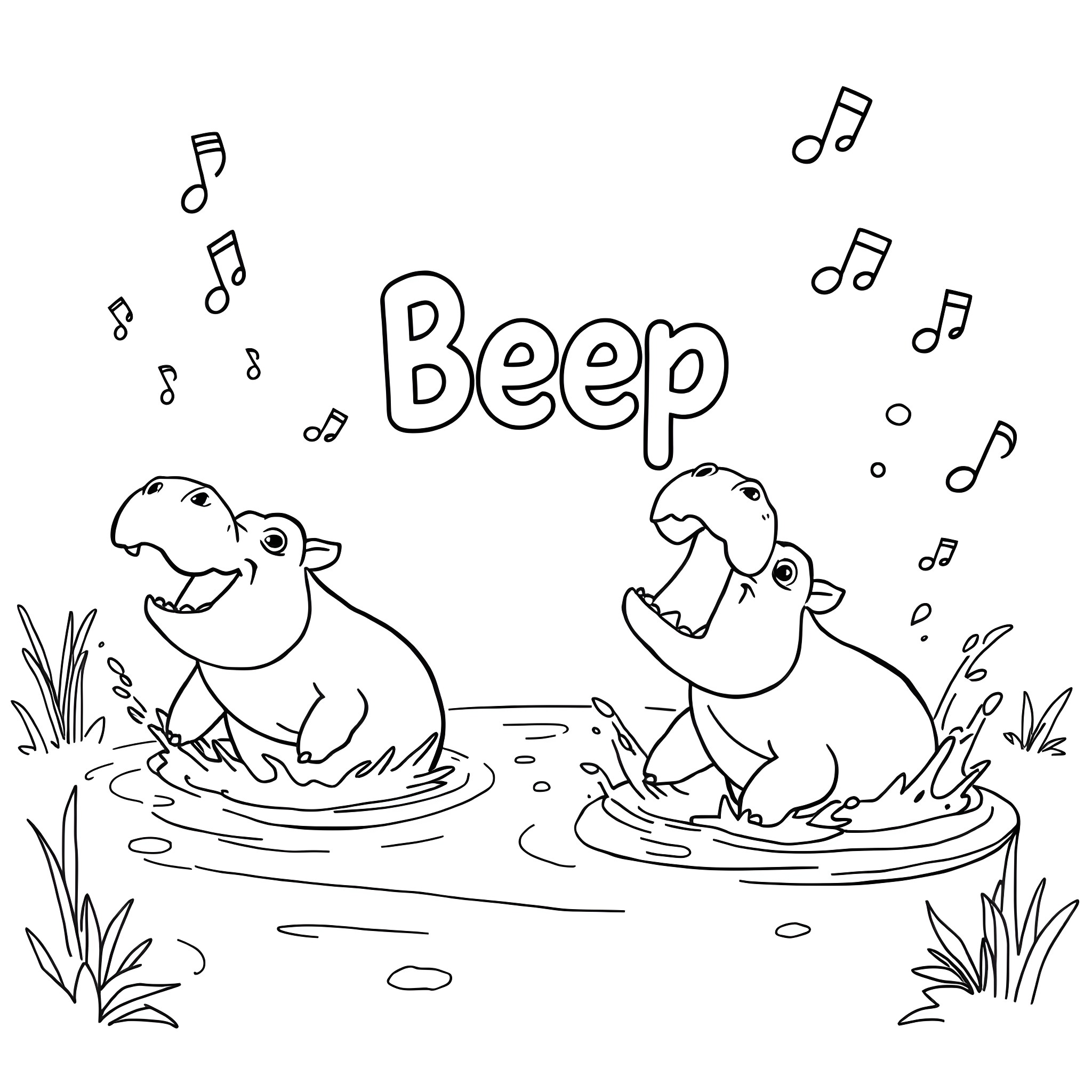 Hippo siblings playing in the water with musical notes Coloring Page (free black-and-white line drawing printable PDF for all, from beginners to advanced learners, including children, teens, adults, and seniors)