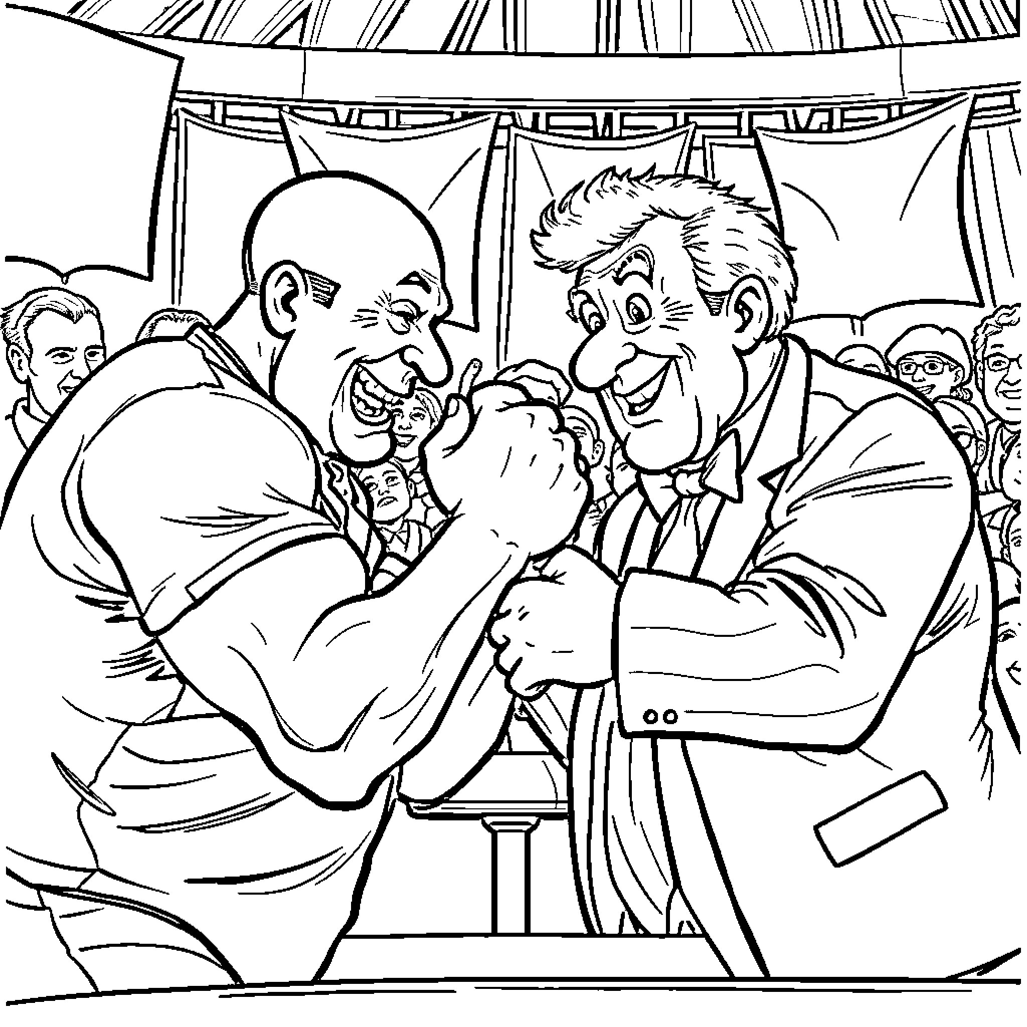 John Brzenk arm wrestling competition with spectators Coloring Page (free black-and-white line drawing printable PDF for all, from beginners to advanced learners, including children, teens, adults, and seniors)