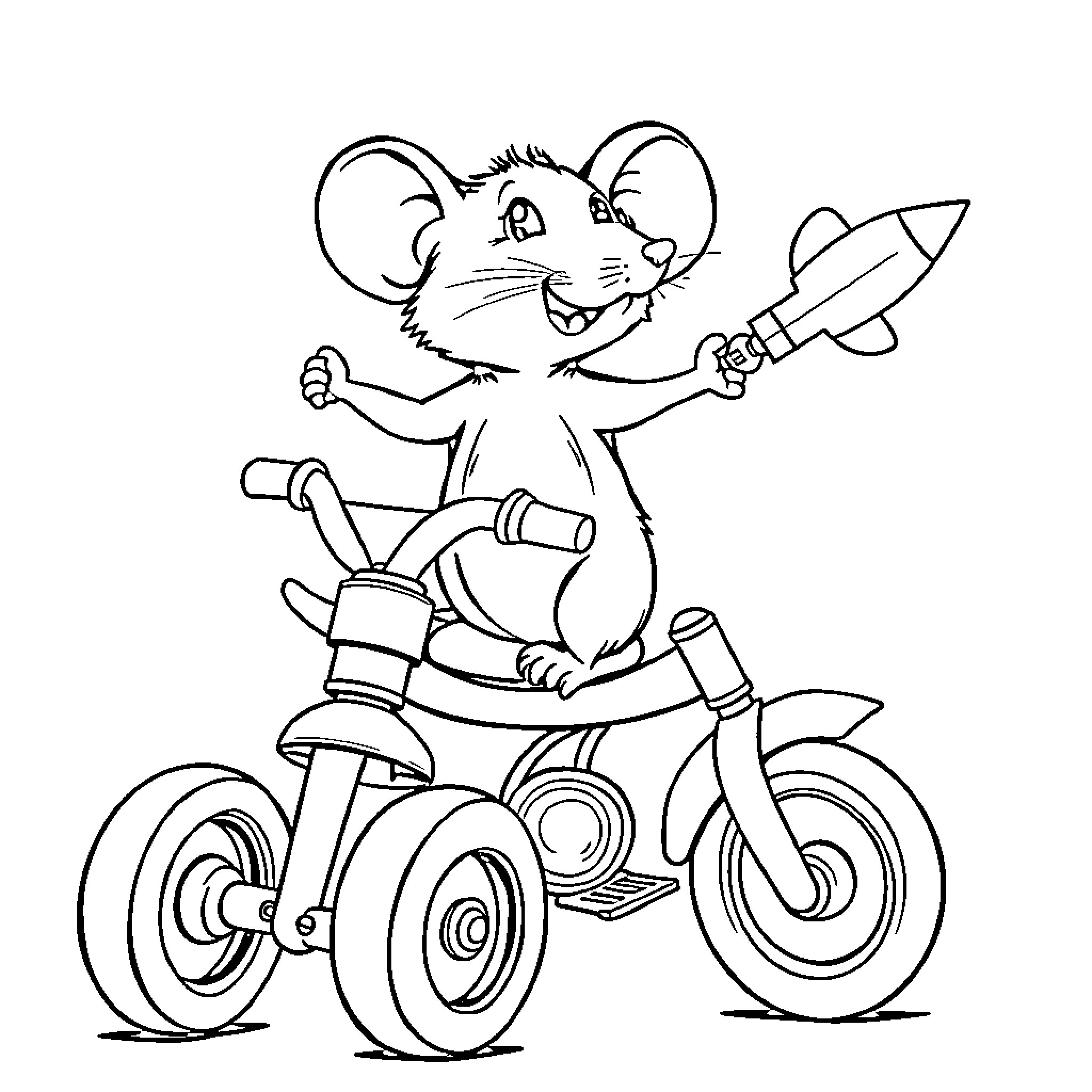 Rat riding a toy motorcycle with excitement Coloring Page (free black-and-white line drawing printable PDF for all, from beginners to advanced learners, including children, teens, adults, and seniors)