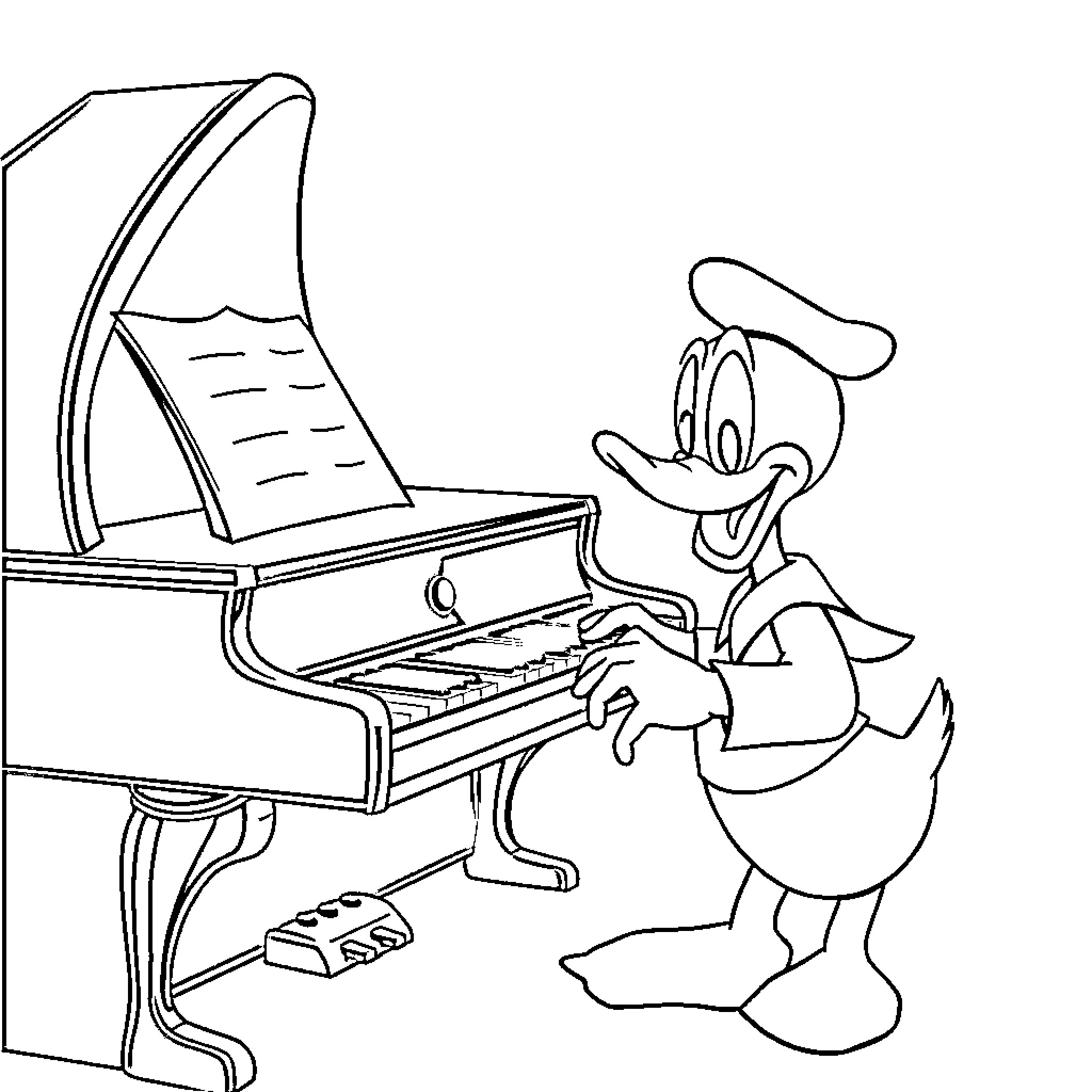 Donald Duck playing the piano Coloring Page (free black-and-white line drawing printable PDF for all, from beginners to advanced learners, including children, teens, adults, and seniors)