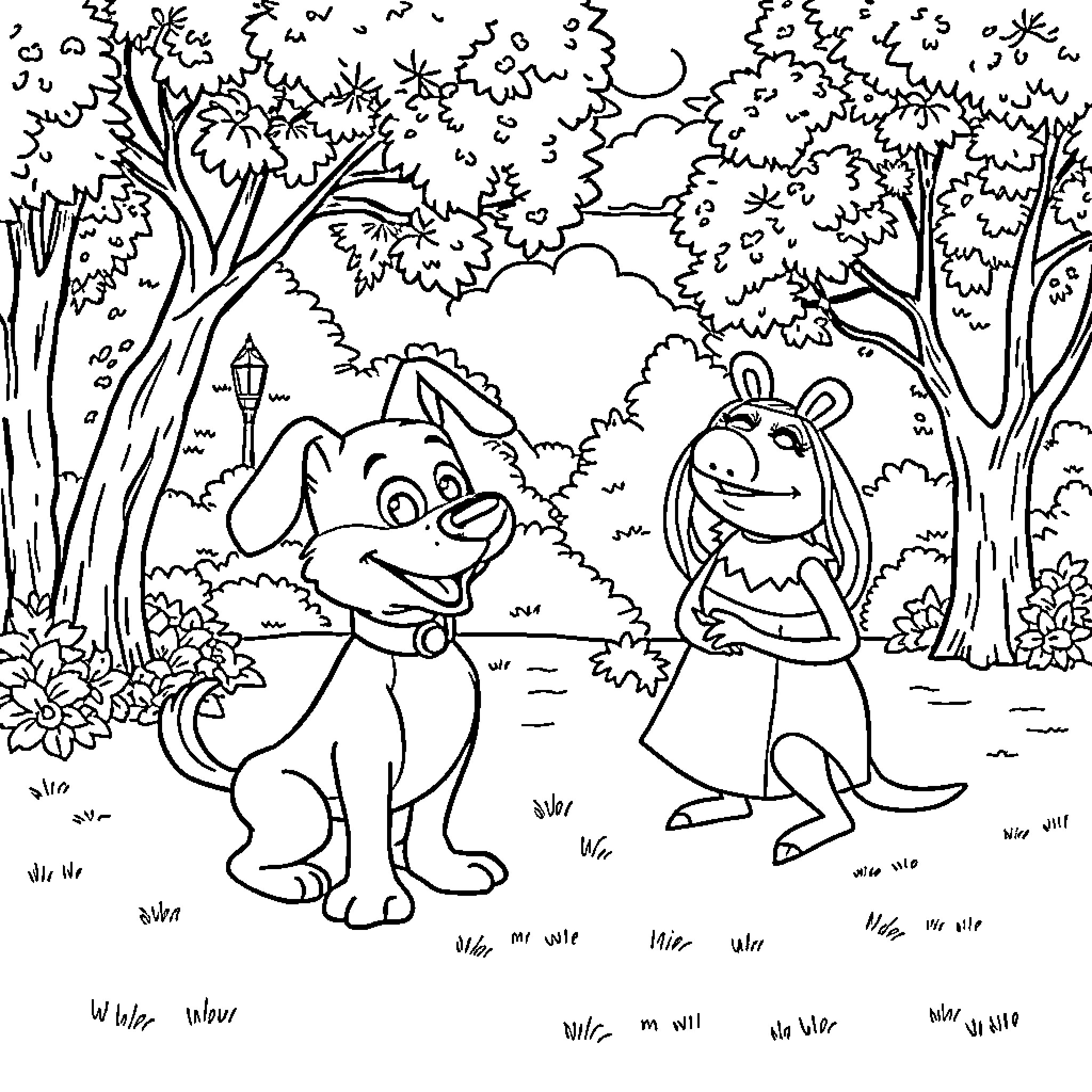 Bluey and Bingo's Woodland Adventure Coloring Page (free black-and-white line drawing printable PDF for all, from beginners to advanced learners, including children, teens, adults, and seniors)