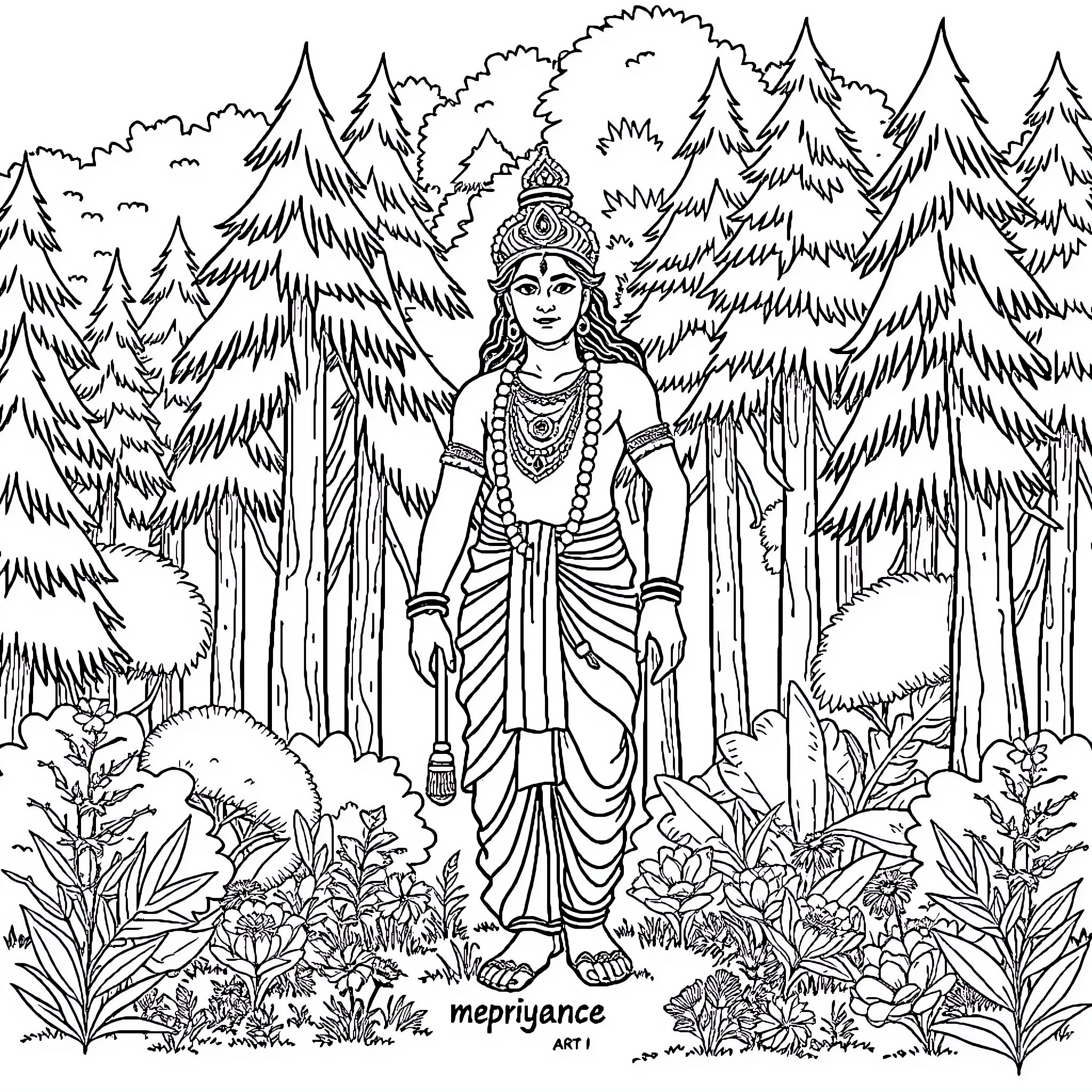 Balaram standing in a mystical forest landscape Coloring Page (free black-and-white line drawing printable PDF for all, from beginners to advanced learners, including children, teens, adults, and seniors)