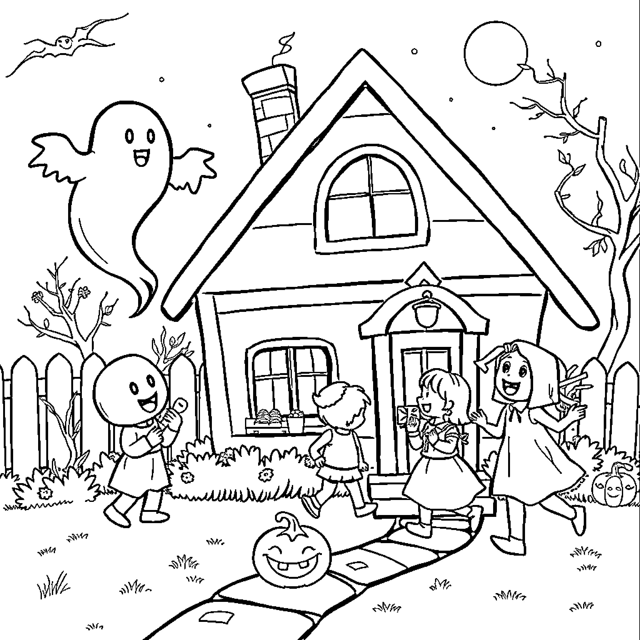Ghost kids trick-or-treating on Halloween night Coloring Page (free black-and-white line drawing printable PDF for all, from beginners to advanced learners, including children, teens, adults, and seniors)