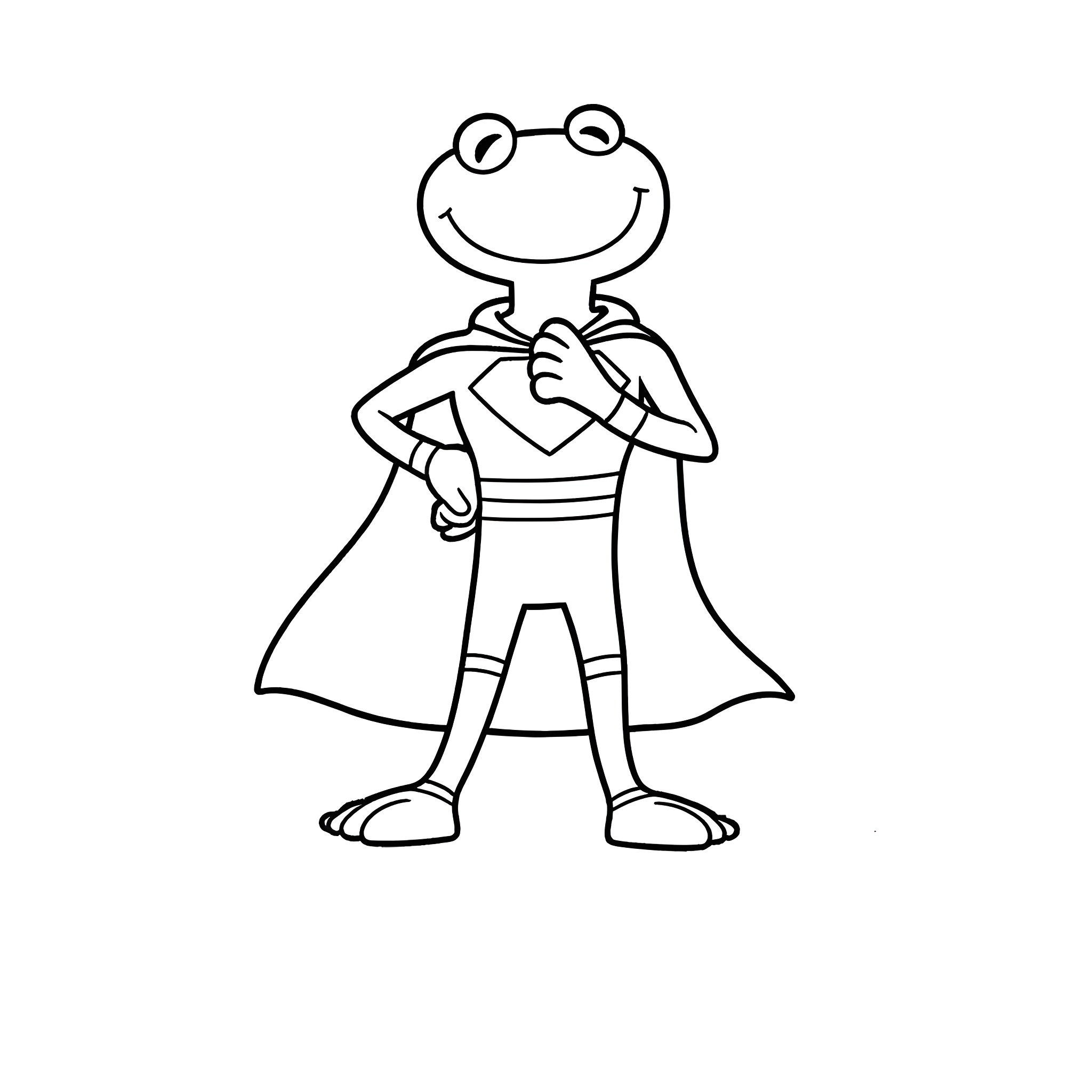 Superman frog in a heroic pose Coloring Page (free black-and-white line drawing printable PDF for all, from beginners to advanced learners, including children, teens, adults, and seniors)