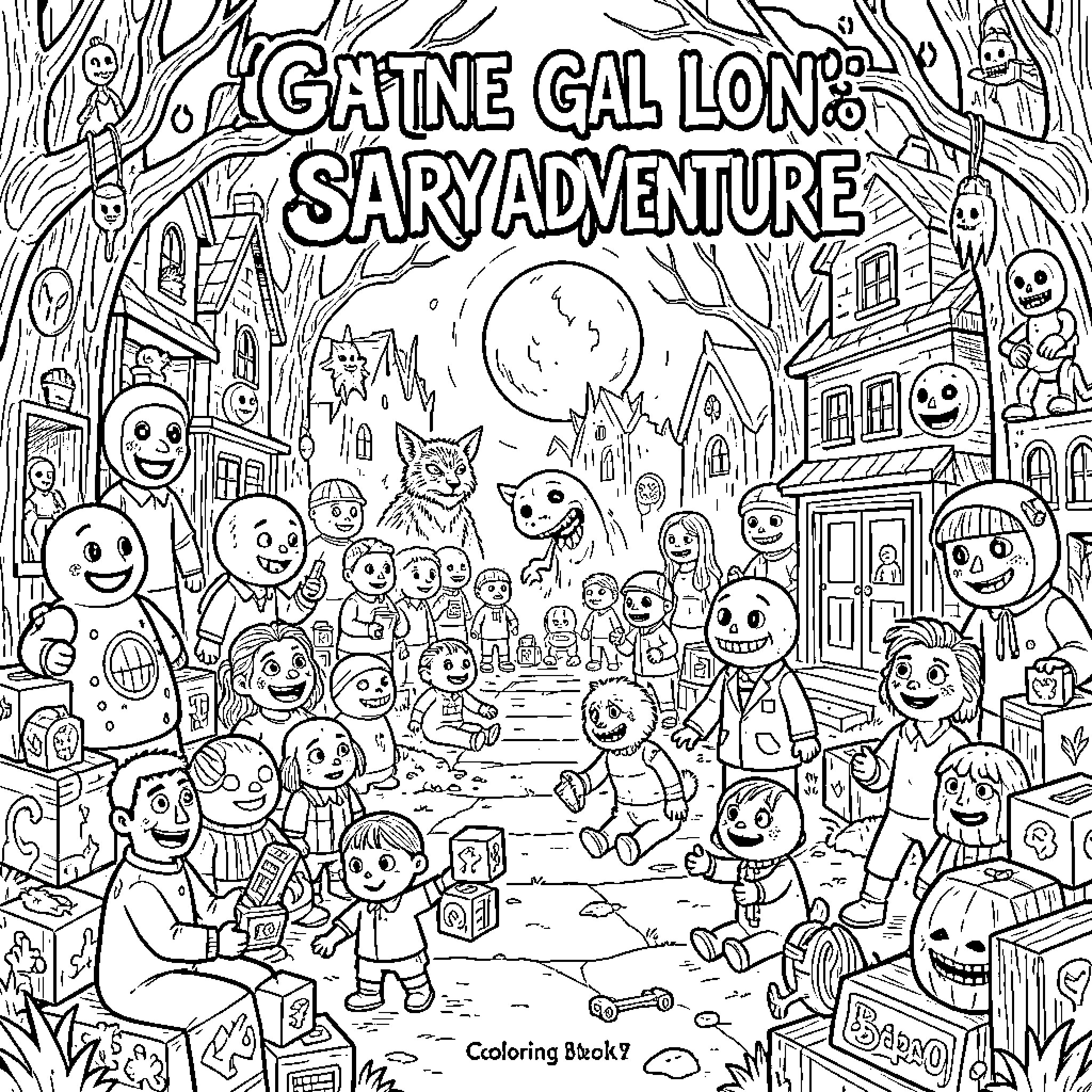 Poppy characters celebrating in a spooky village scene Coloring Page (free black-and-white line drawing printable PDF for all, from beginners to advanced learners, including children, teens, adults, and seniors)
