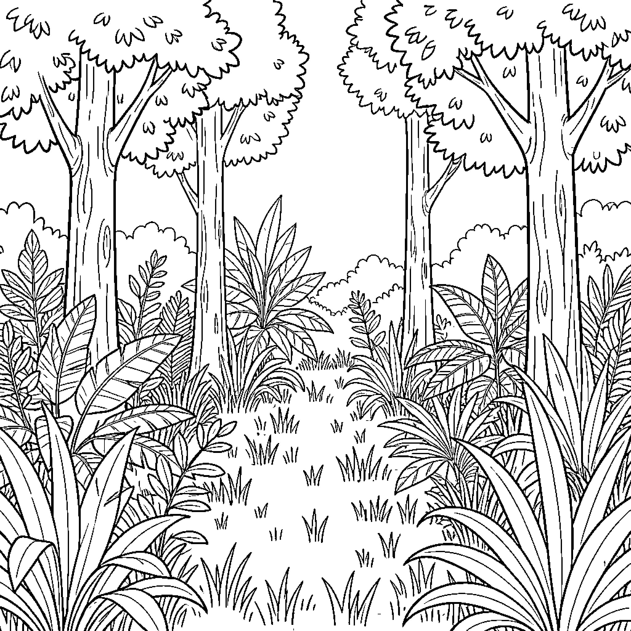 Green Forest Pathway Exploration Coloring Page (free black-and-white line drawing printable PDF for all, from beginners to advanced learners, including children, teens, adults, and seniors)