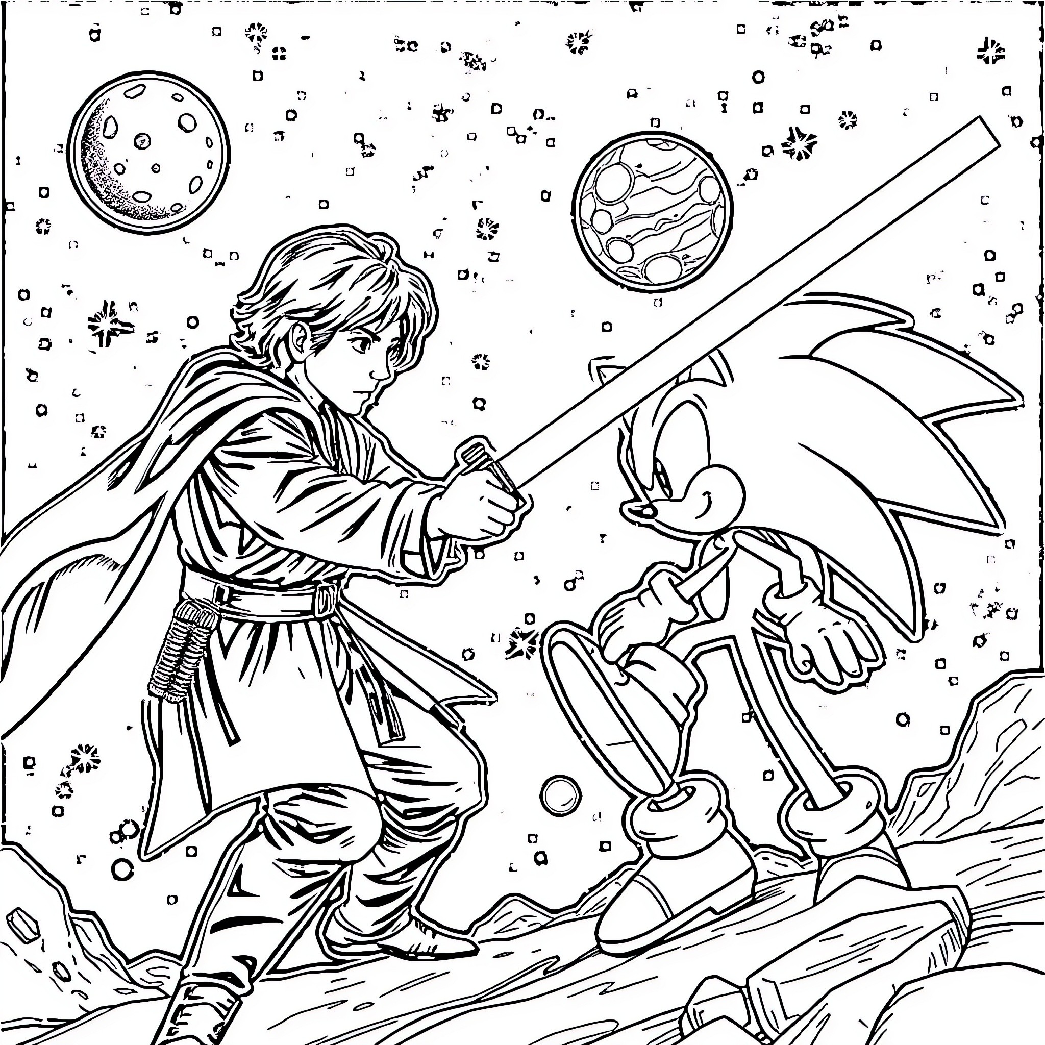 Luke Skywalker battles Sonic the Hedgehog in a cosmic landscape Coloring Page (free black-and-white line drawing printable PDF for all, from beginners to advanced learners, including children, teens, adults, and seniors)
