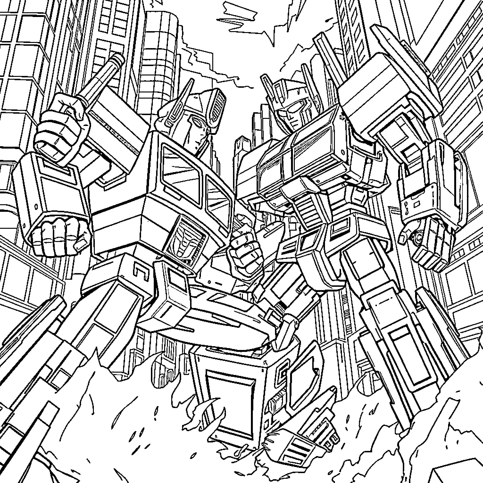 Optimus Prime in epic transformers battle scene Coloring Page (free black-and-white line drawing printable PDF for all, from beginners to advanced learners, including children, teens, adults, and seniors)
