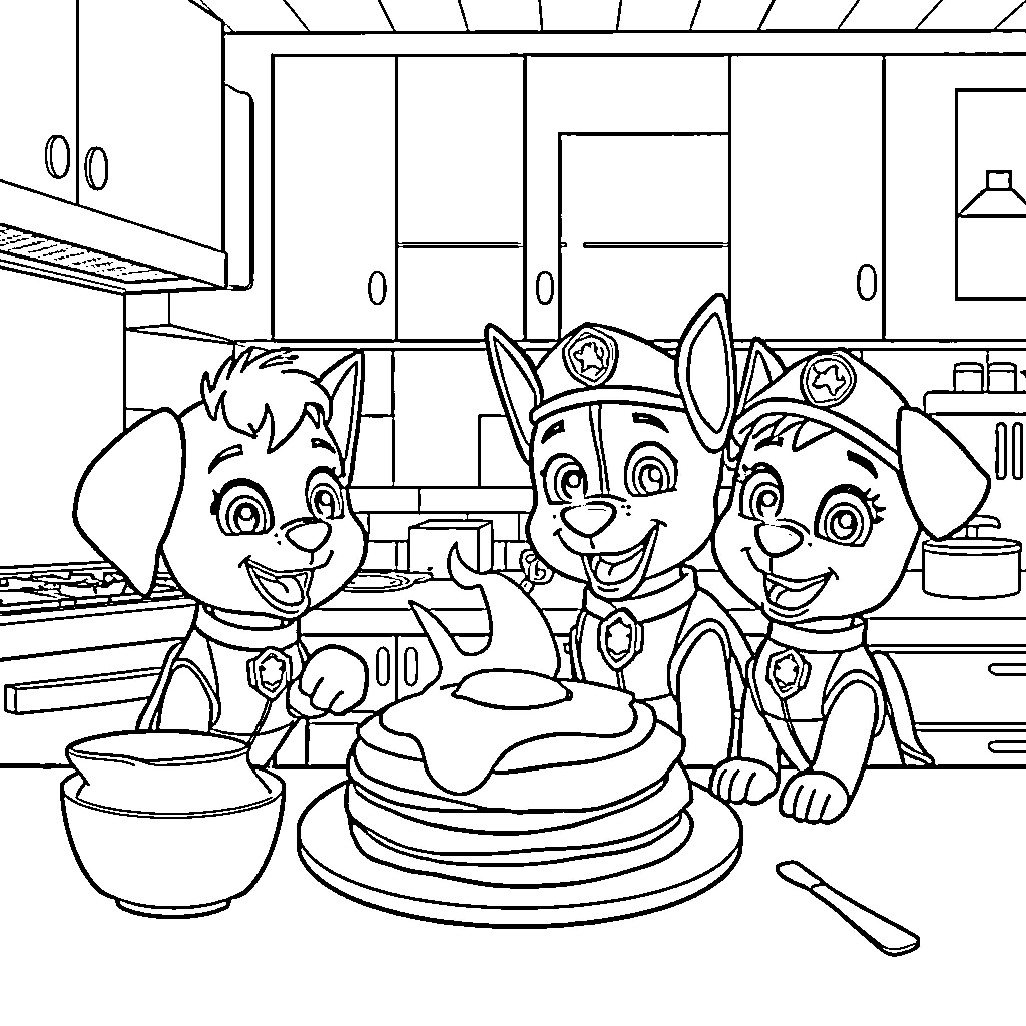 Paw Patrol Cooking Together in the Kitchen Coloring Page (free black-and-white line drawing printable PDF for all, from beginners to advanced learners, including children, teens, adults, and seniors)