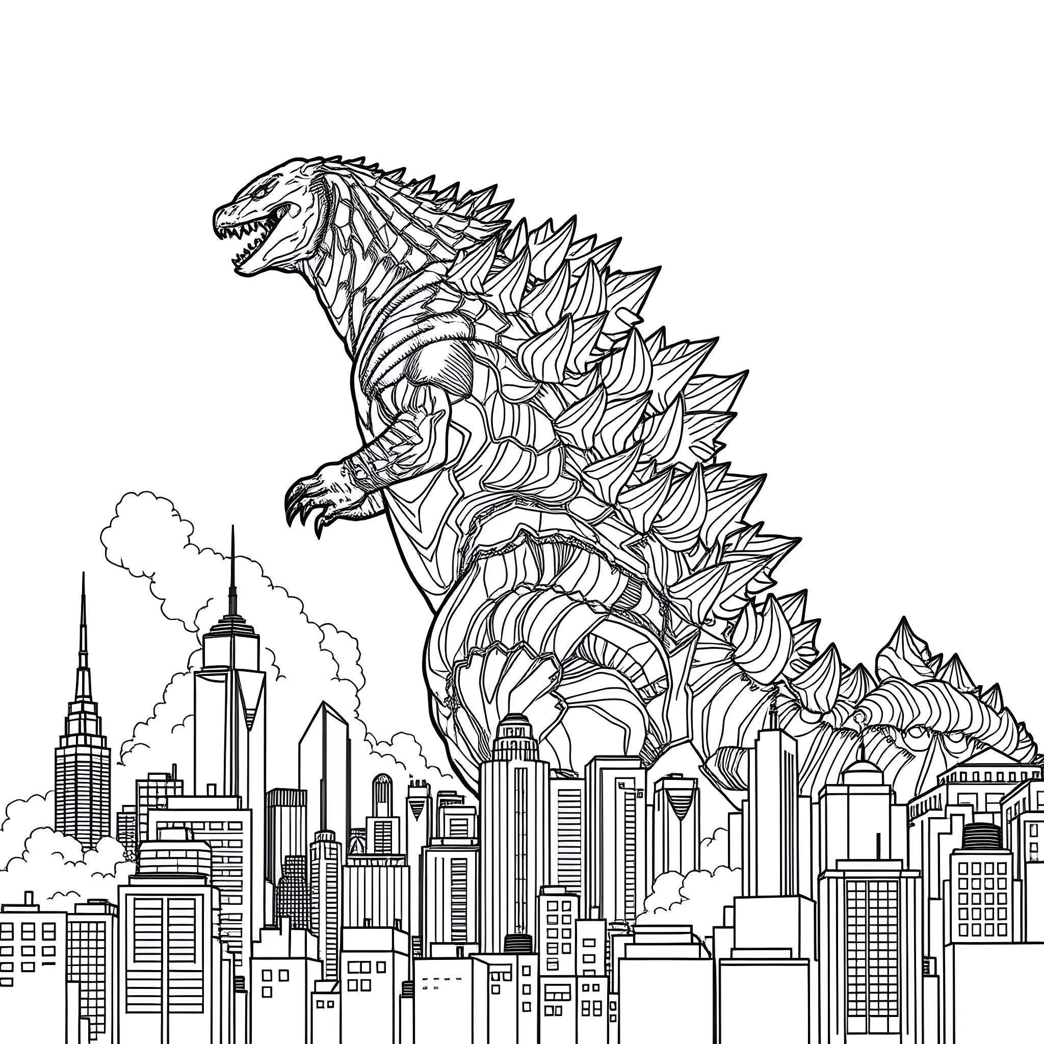 Godzilla stomping through a city skyline Coloring Page (free black-and-white line drawing printable PDF for all, from beginners to advanced learners, including children, teens, adults, and seniors)