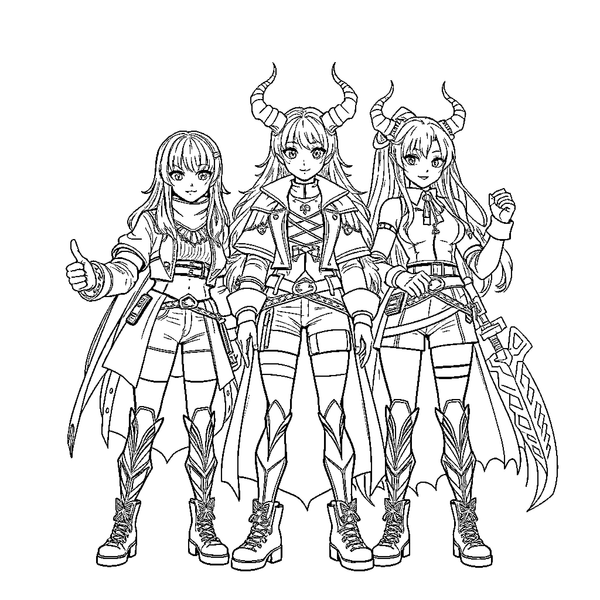 Kpop Demon Hunter: Trio of Powerful Heroines in Striking Attire Coloring Page (free black-and-white line drawing printable PDF for all, from beginners to advanced learners, including children, teens, adults, and seniors)
