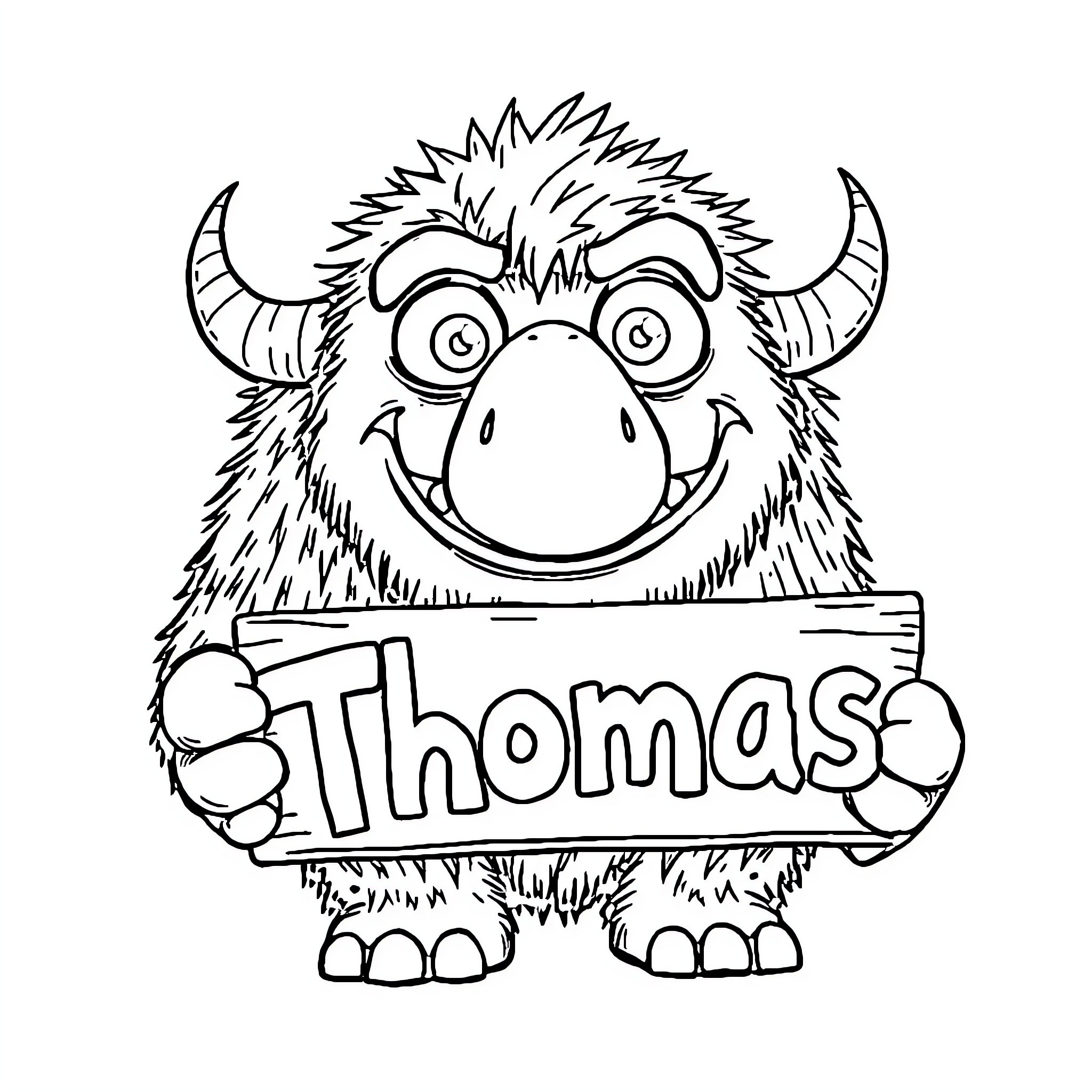 Monster holding sign with name 'Thomas' Coloring Page (free black-and-white line drawing printable PDF for all, from beginners to advanced learners, including children, teens, adults, and seniors)
