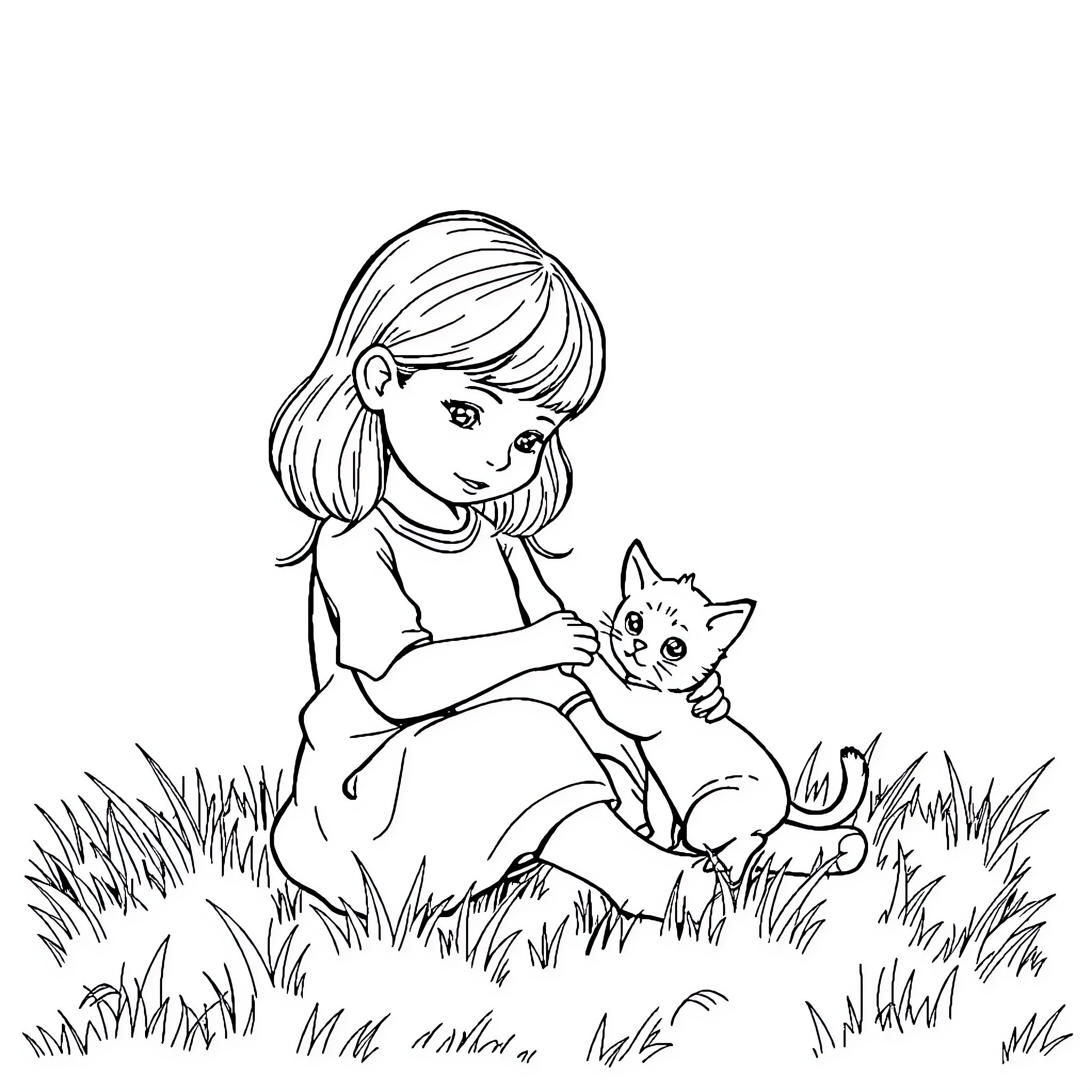 Girl playing with kitten in the grass Coloring Page (free black-and-white line drawing printable PDF for all, from beginners to advanced learners, including children, teens, adults, and seniors)