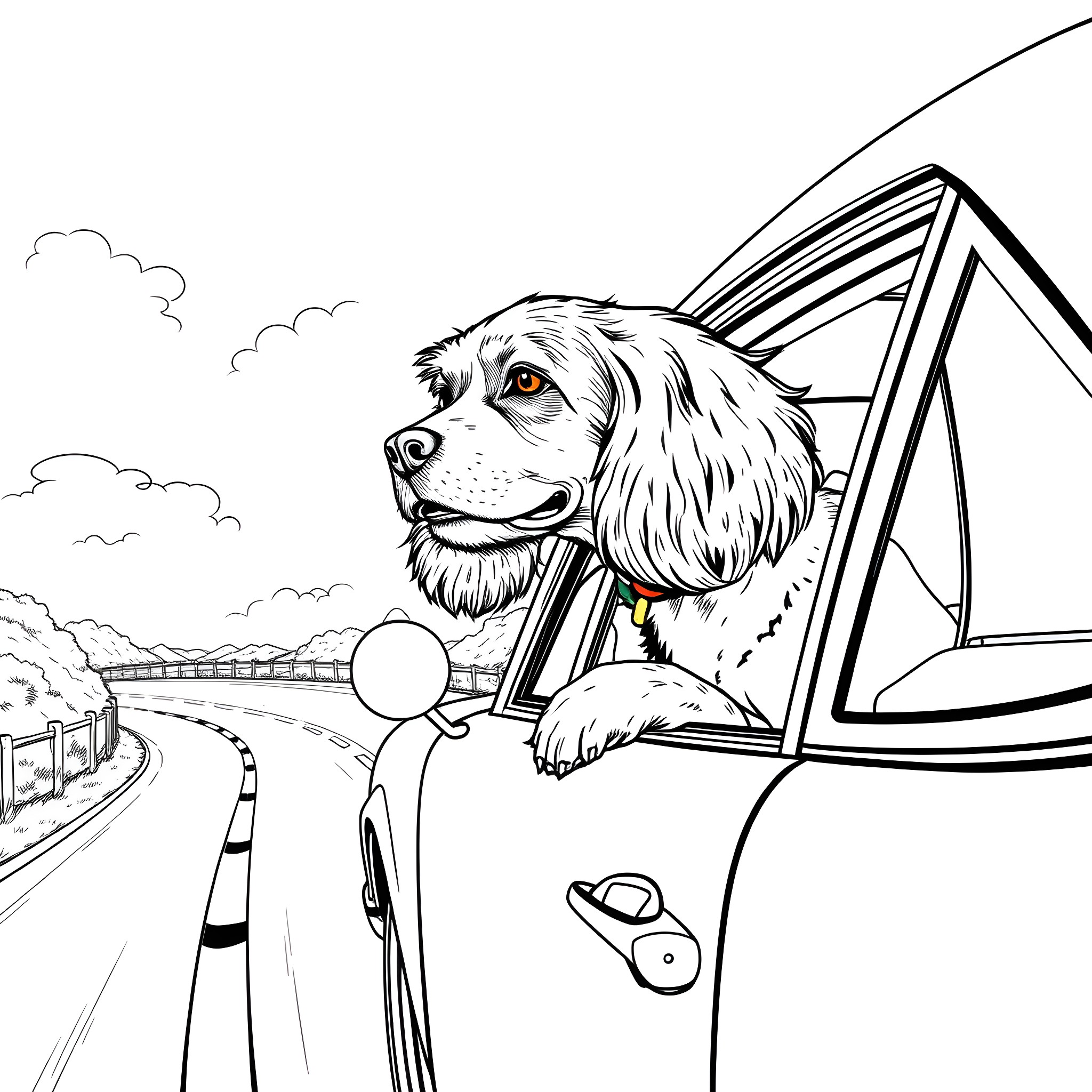 Cocker Spaniel enjoying the ride in a car Coloring Page (free black-and-white line drawing printable PDF for all, from beginners to advanced learners, including children, teens, adults, and seniors)