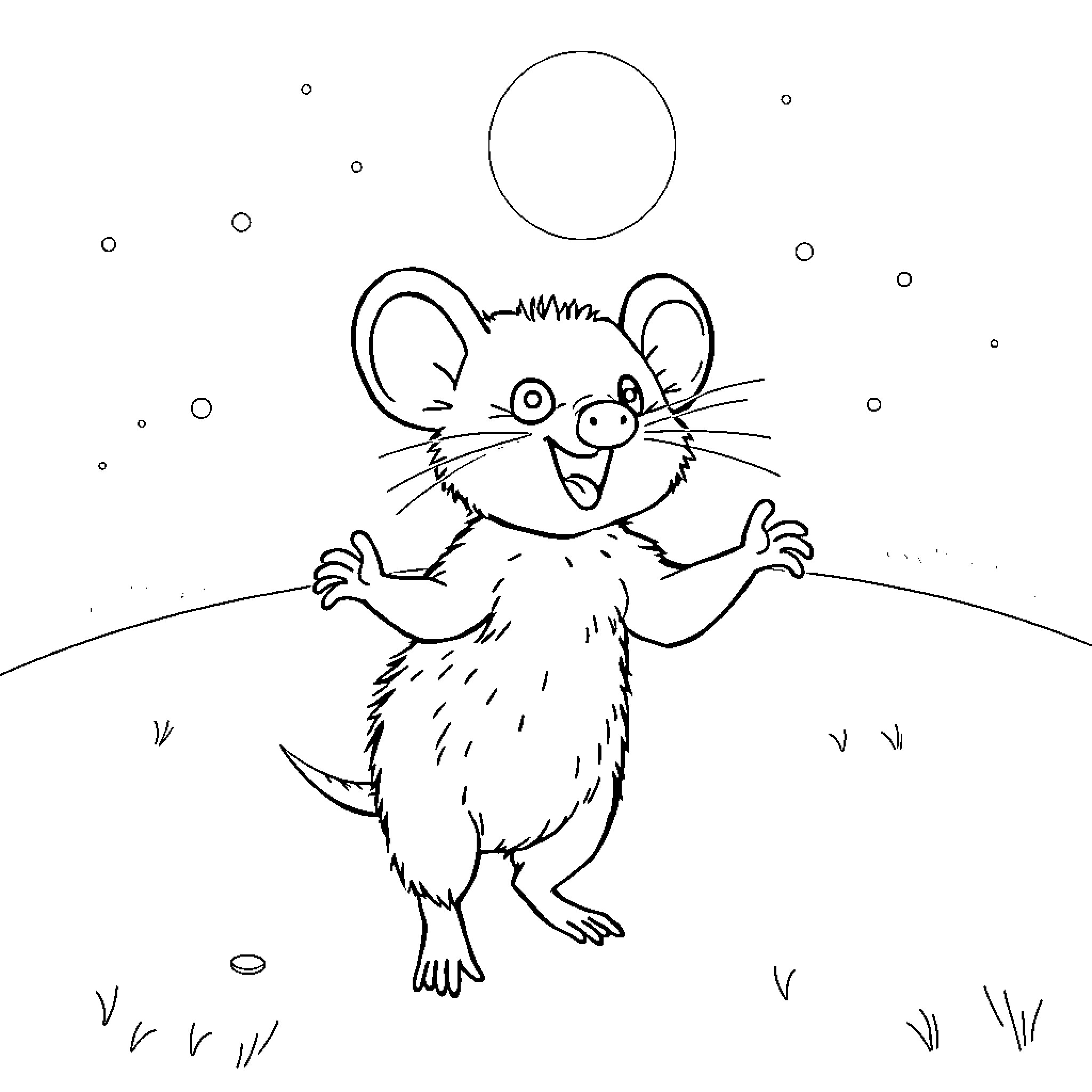 Possum playing joyfully in the field Coloring Page (free black-and-white line drawing printable PDF for all, from beginners to advanced learners, including children, teens, adults, and seniors)