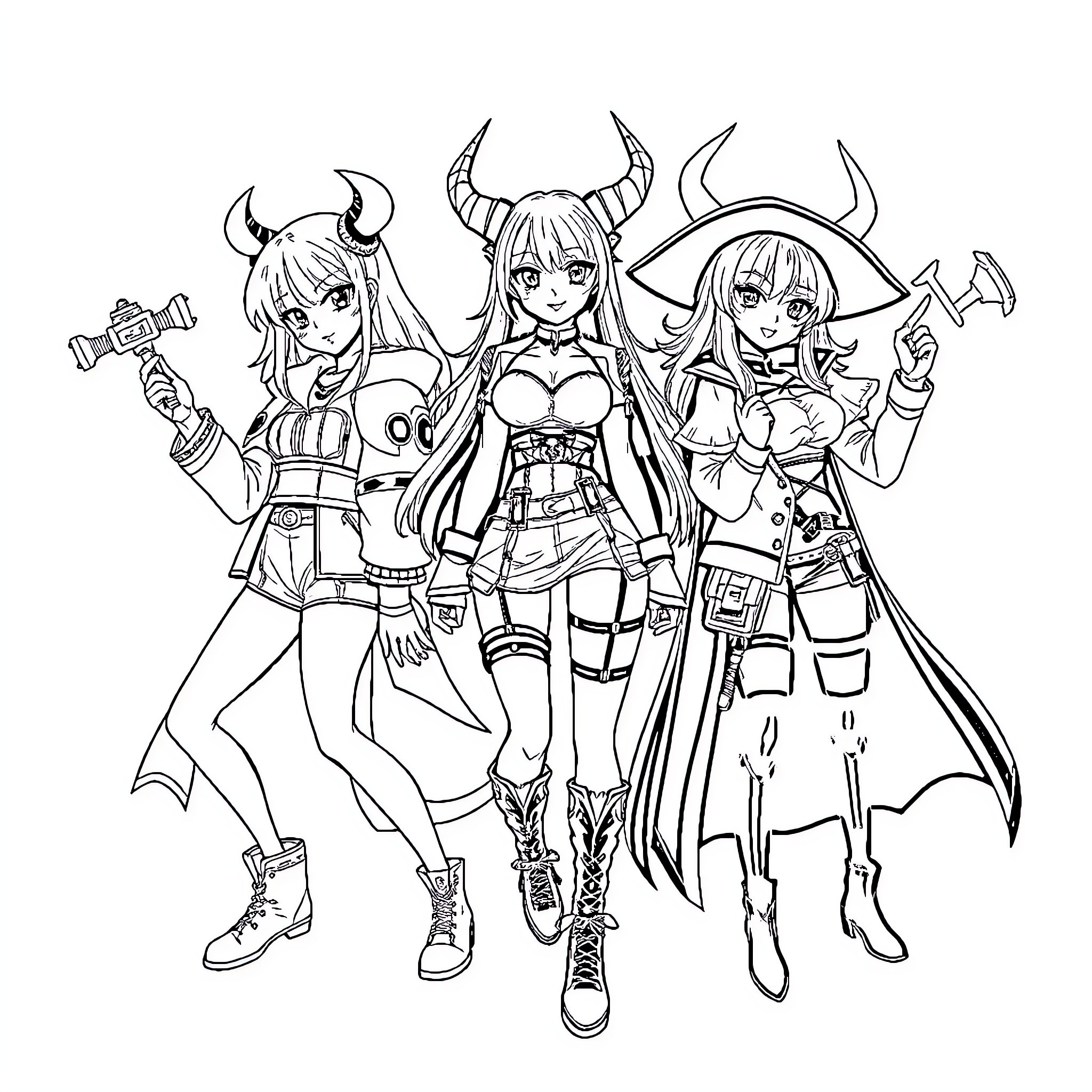 Demon Hunter Squad in Action Poses Coloring Page (free black-and-white line drawing printable PDF for all, from beginners to advanced learners, including children, teens, adults, and seniors)