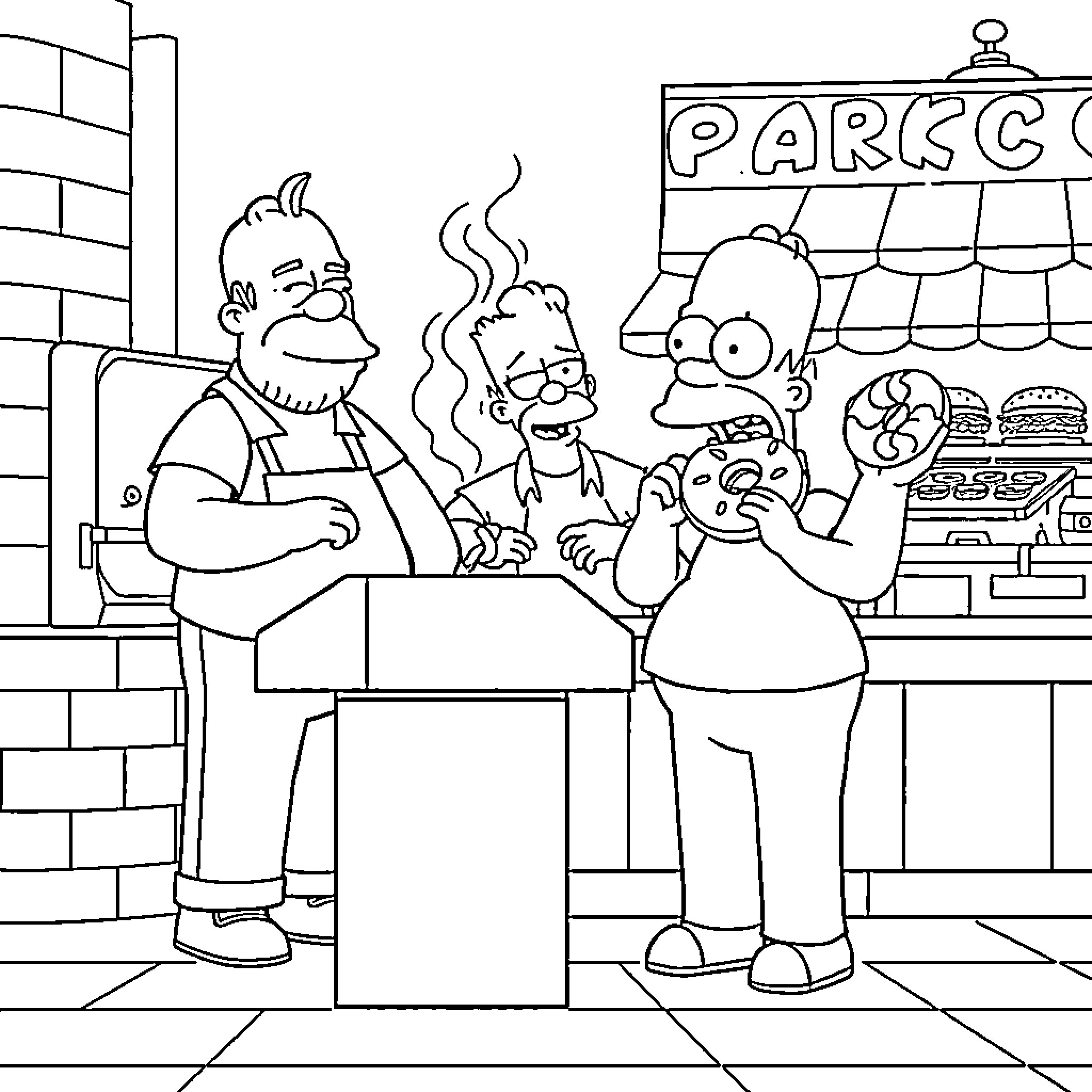 Characters in a lively fast-food restaurant scene Coloring Page (free black-and-white line drawing printable PDF for all, from beginners to advanced learners, including children, teens, adults, and seniors)