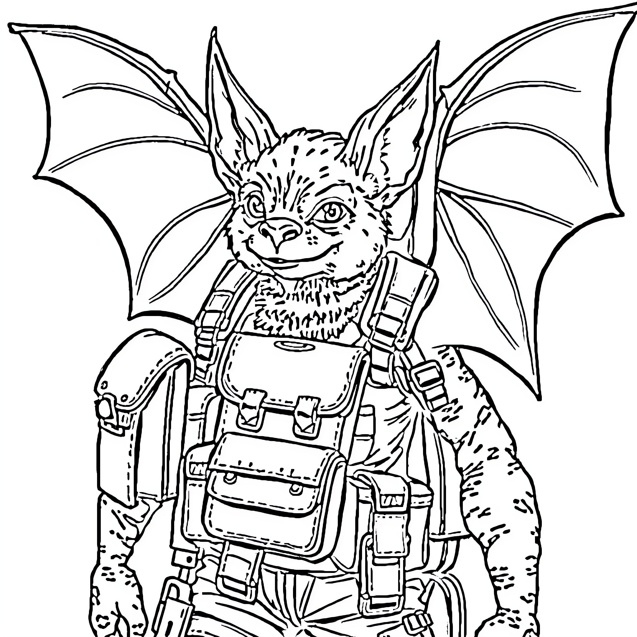 Bat with backpack exploring the world Coloring Page (free black-and-white line drawing printable PDF for all, from beginners to advanced learners, including children, teens, adults, and seniors)