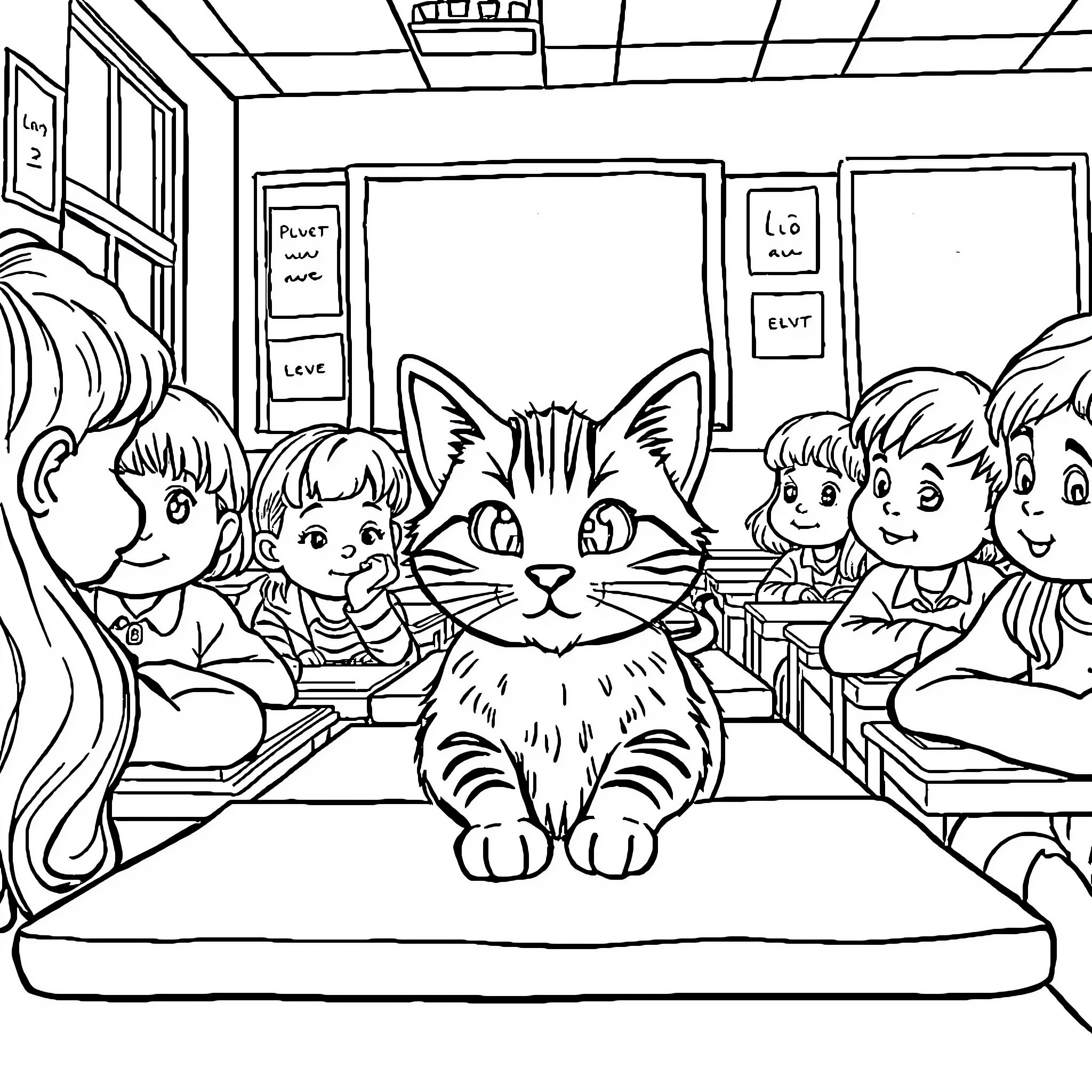 Cat in the Classroom Coloring Page (free black-and-white line drawing printable PDF for all, from beginners to advanced learners, including children, teens, adults, and seniors)