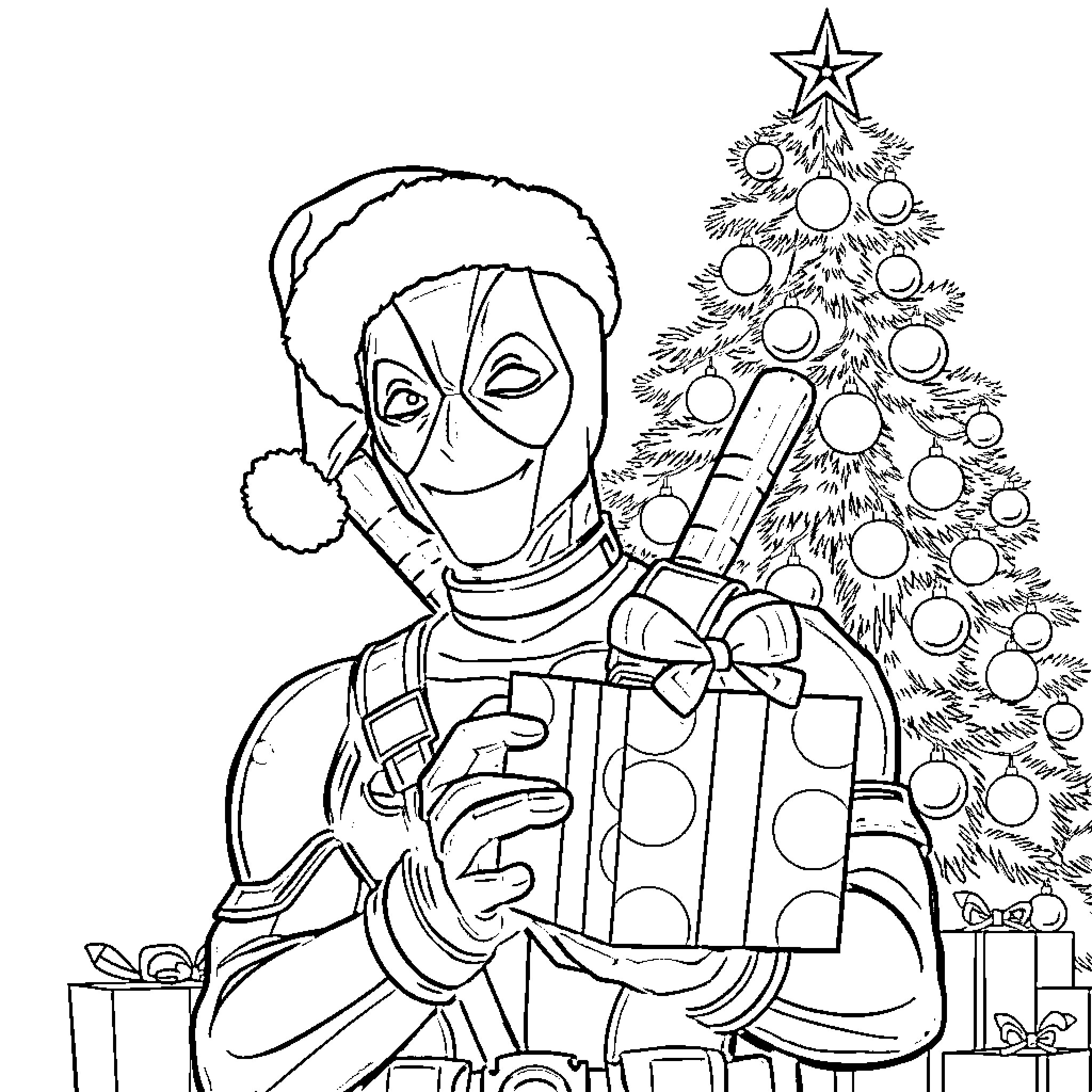 Deadpool's Festive Antics with Christmas Cheer Coloring Page (free black-and-white line drawing printable PDF for all, from beginners to advanced learners, including children, teens, adults, and seniors)