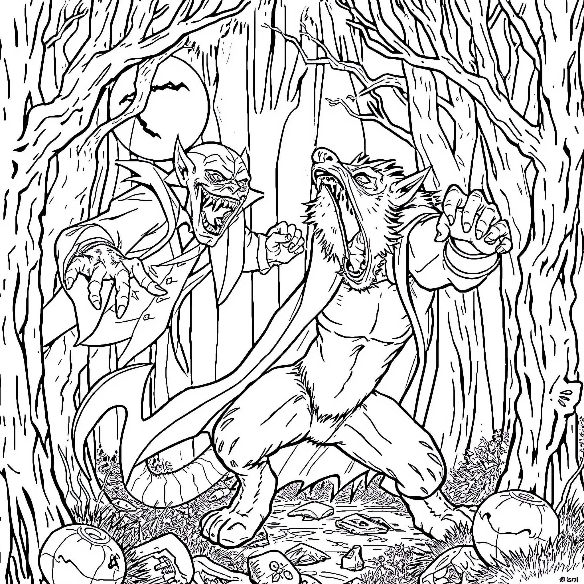 Hombre Lobo fighting aggressively in a dark forest Coloring Page (free black-and-white line drawing printable PDF for all, from beginners to advanced learners, including children, teens, adults, and seniors)