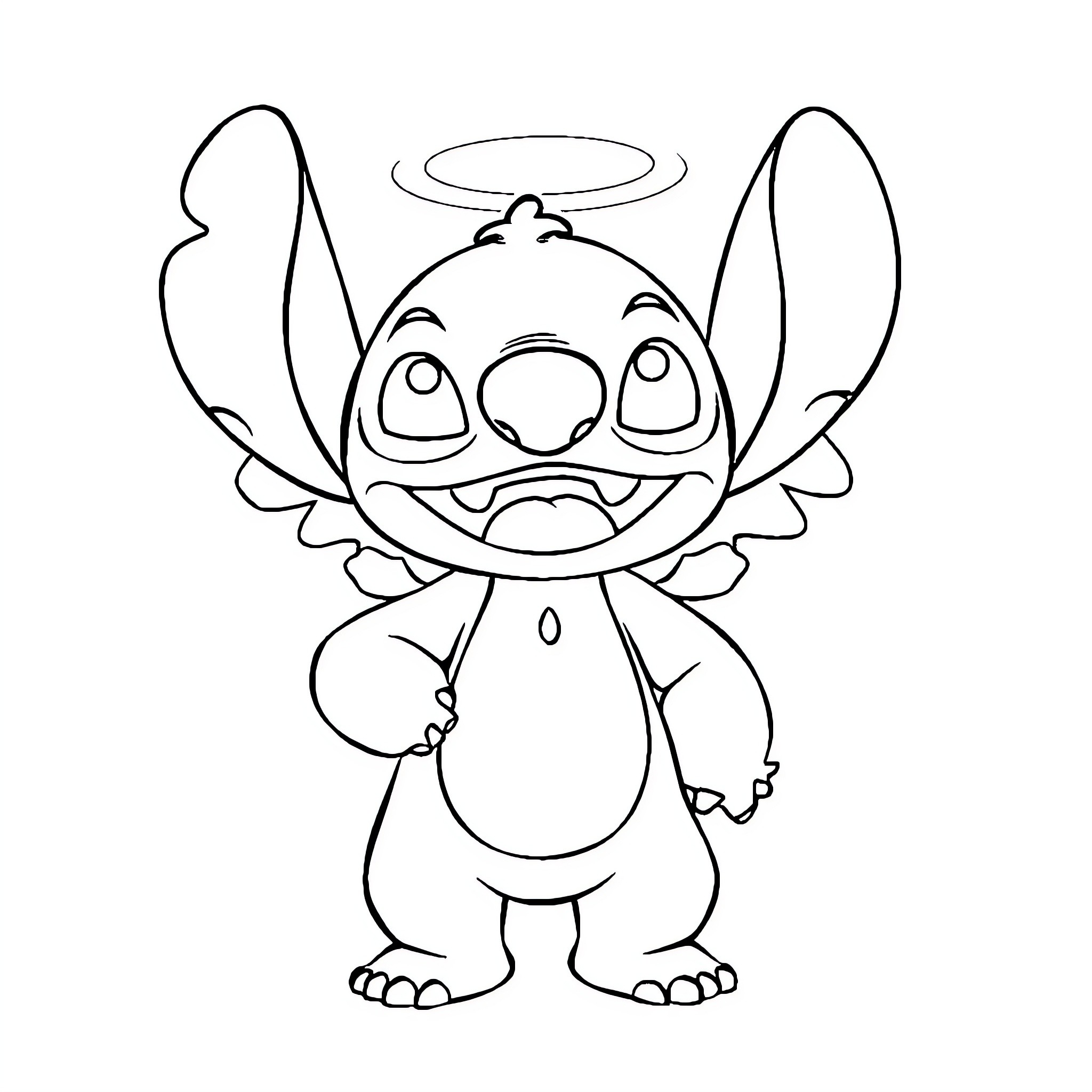 Angel Stitch in mischievous pose Coloring Page (free black-and-white line drawing printable PDF for all, from beginners to advanced learners, including children, teens, adults, and seniors)