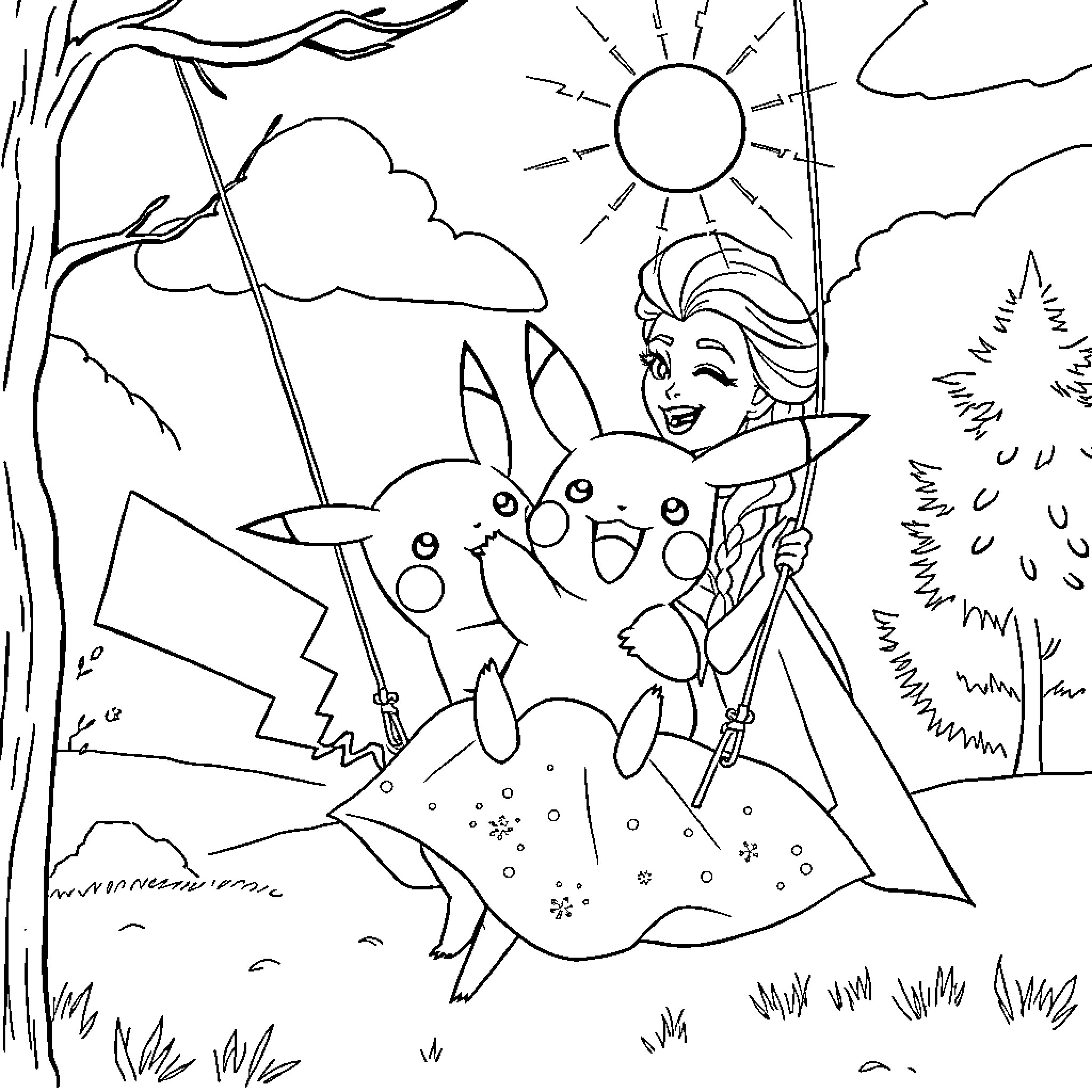 Pikachu and Elsa in a Sunny Outdoor Adventure Coloring Page (free black-and-white line drawing printable PDF for all, from beginners to advanced learners, including children, teens, adults, and seniors)