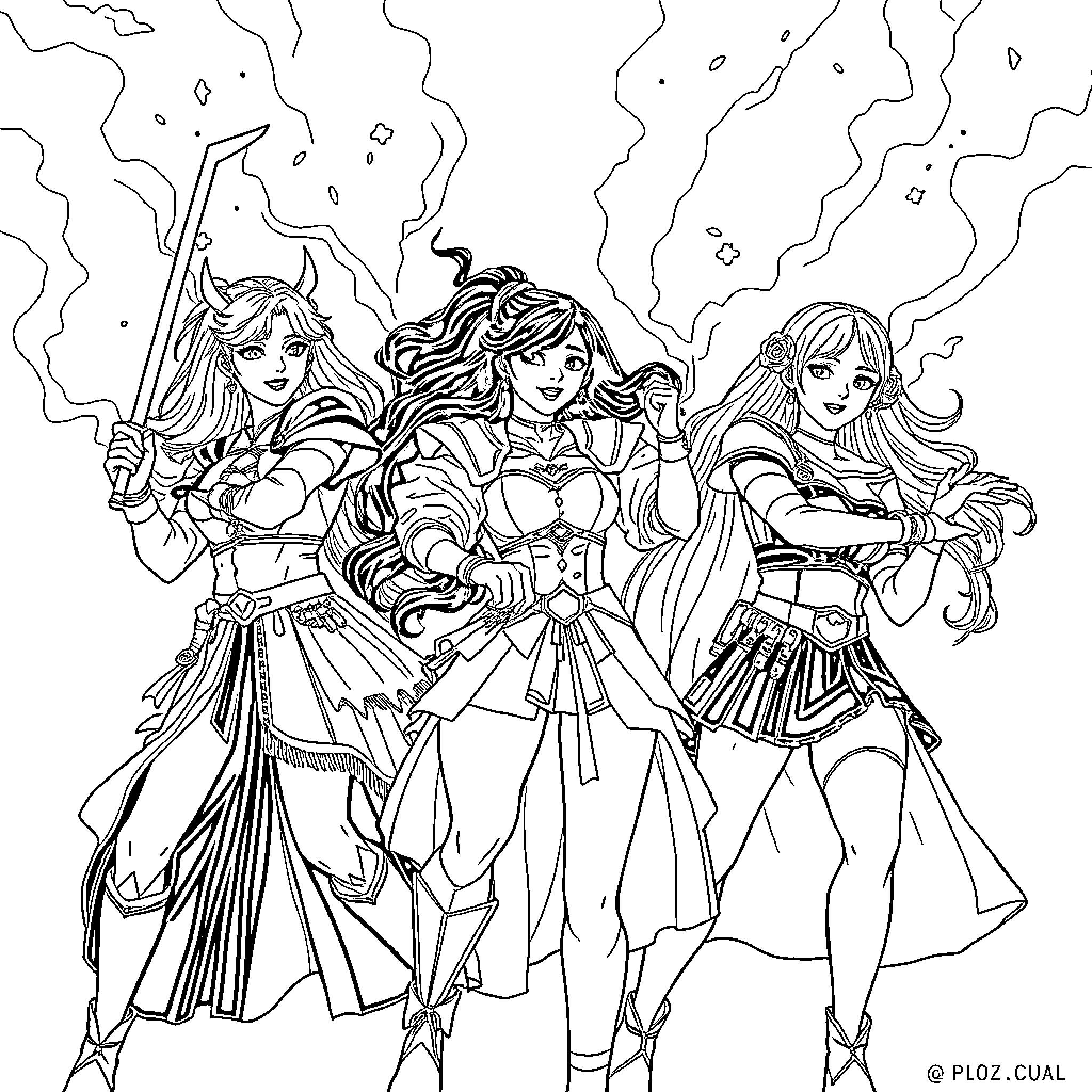 Guerrera: Three Warrior Women in Combat Attire Coloring Page (free black-and-white line drawing printable PDF for all, from beginners to advanced learners, including children, teens, adults, and seniors)