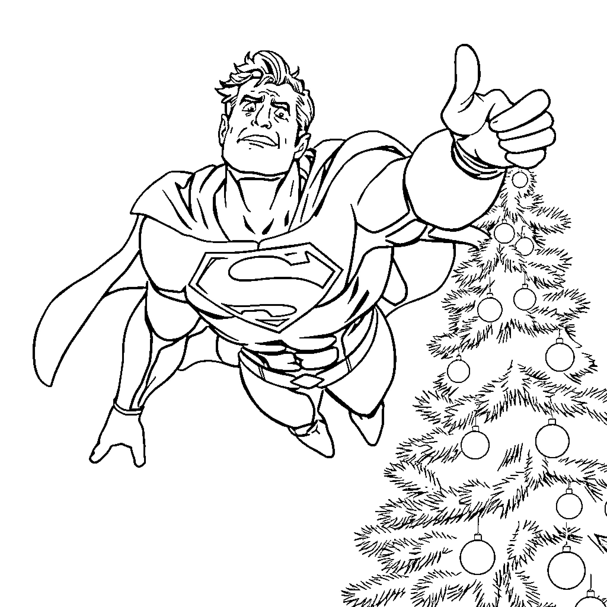 Superman Decorating Christmas Tree with Holiday Cheer Coloring Page (free black-and-white line drawing printable PDF for all, from beginners to advanced learners, including children, teens, adults, and seniors)